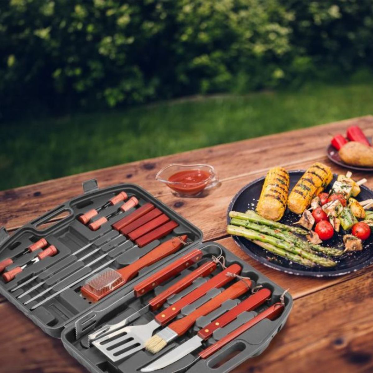Set ustensile gratar 19 piese Strend Pro Grill, inox si lemn in geanta rigida, 2, hectarul.ro