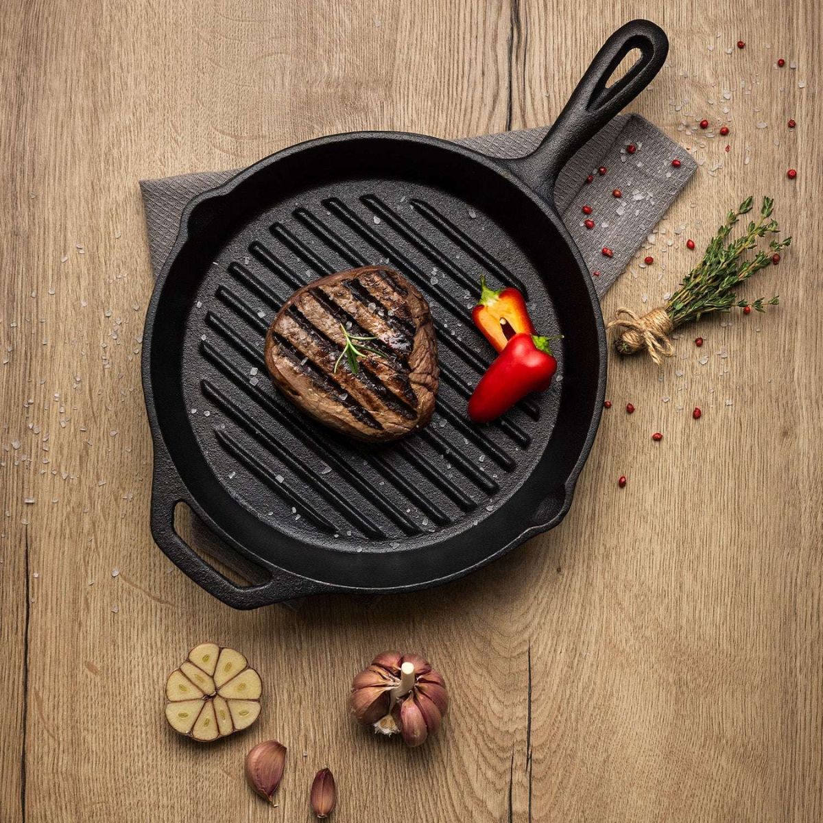 Tigaie-grill rotunda Ø28 cm din fonta Black Collection Tramontina, 2, hectarul.ro