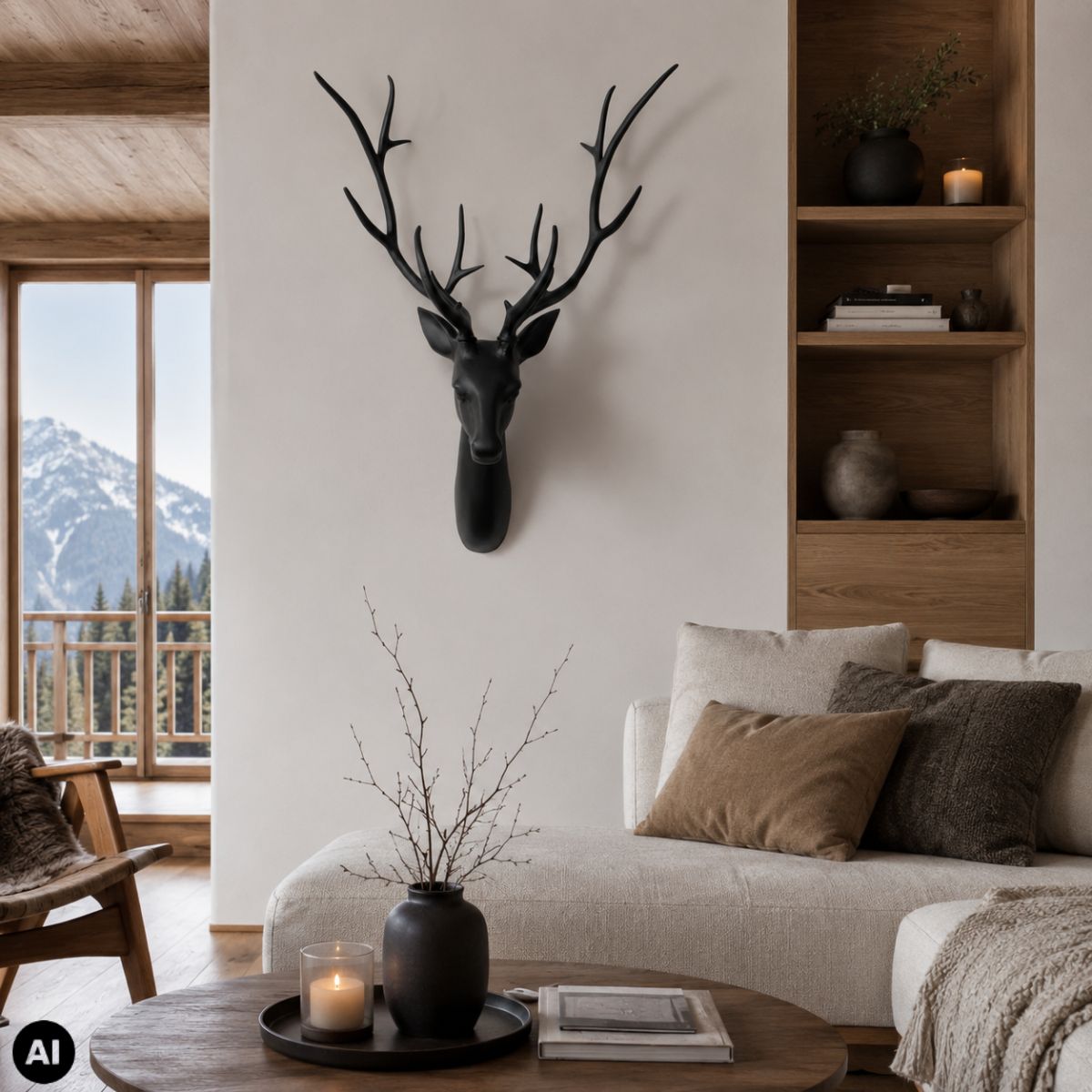 Decorațiune de perete Jenus 98 cm, cap de cerb din aluminiu negru mat, realizată manual, 2, hectarul.ro