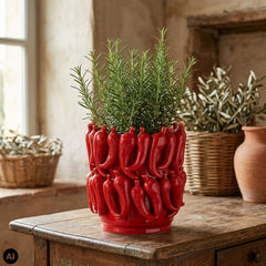Ghiveci decorativ Peperoni Ø20 cm, din portelan rosu lucios cu model 3D ardei iuti