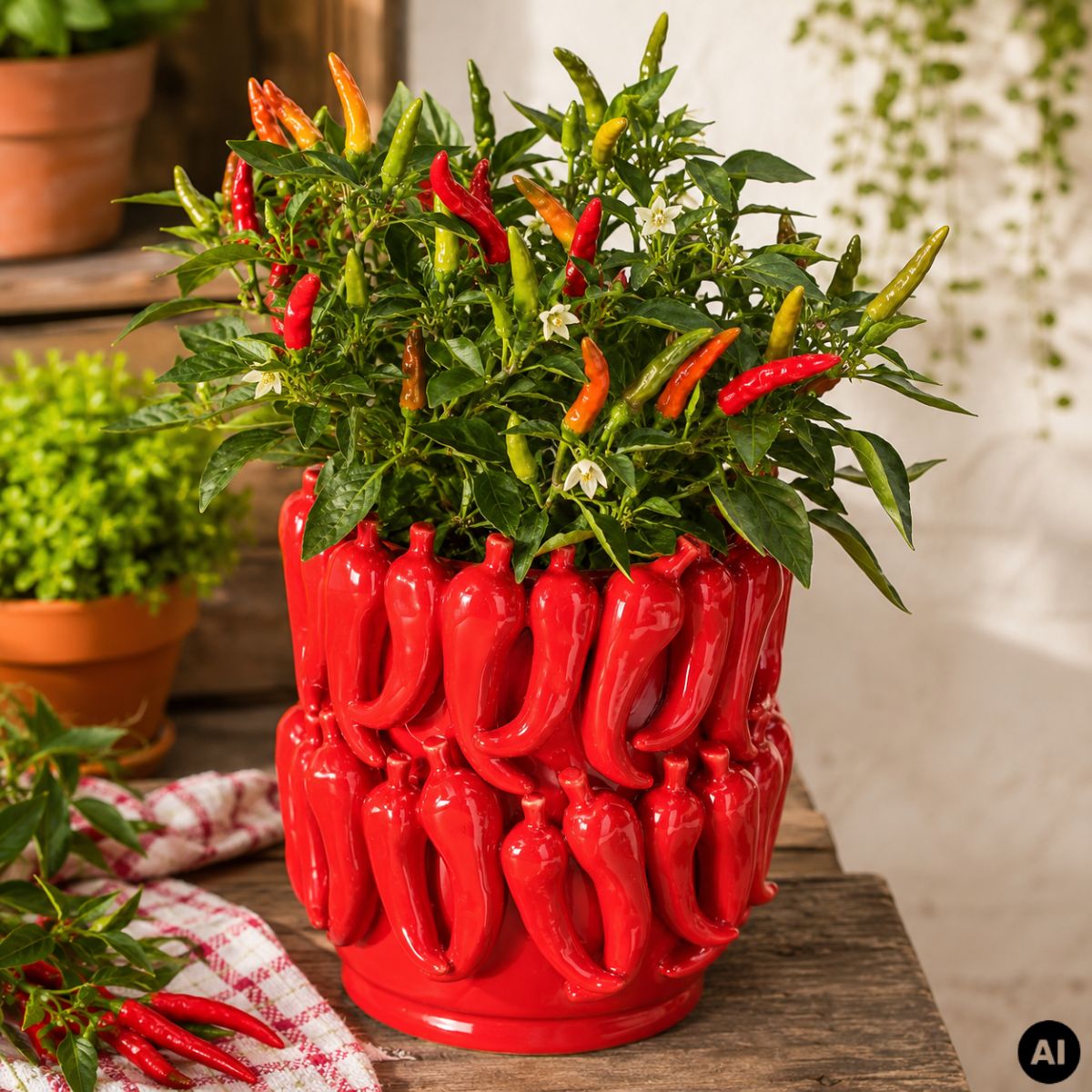 Ghiveci decorativ Peperoni Ø20 cm, din portelan rosu lucios cu model 3D ardei iuti, 5, hectarul.ro