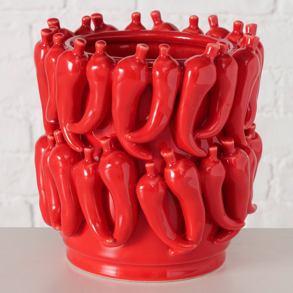 Ghiveci decorativ Peperoni Ø20 cm, din portelan rosu lucios cu model 3D ardei iuti, 3, hectarul.ro