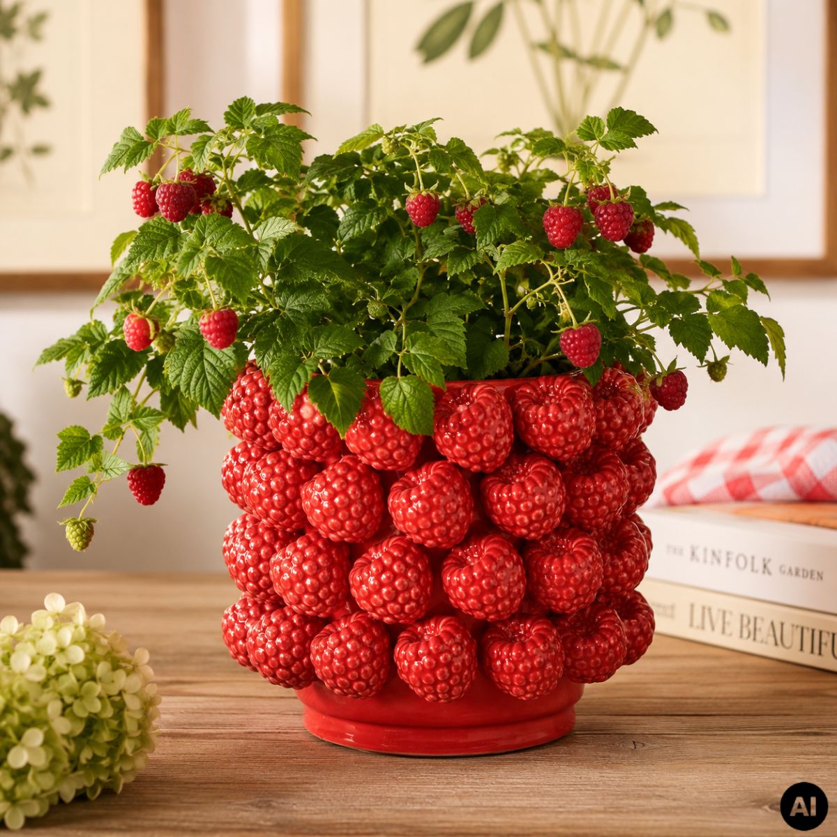 Vaza decorativa Himbeere Ø22,5 cm, din portelan rosu lucios cu model 3D zmeure, 5, hectarul.ro