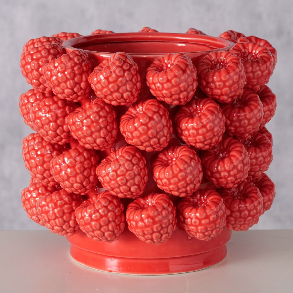 Vaza decorativa Himbeere Ø22,5 cm, din portelan rosu lucios cu model 3D zmeure, 4, hectarul.ro