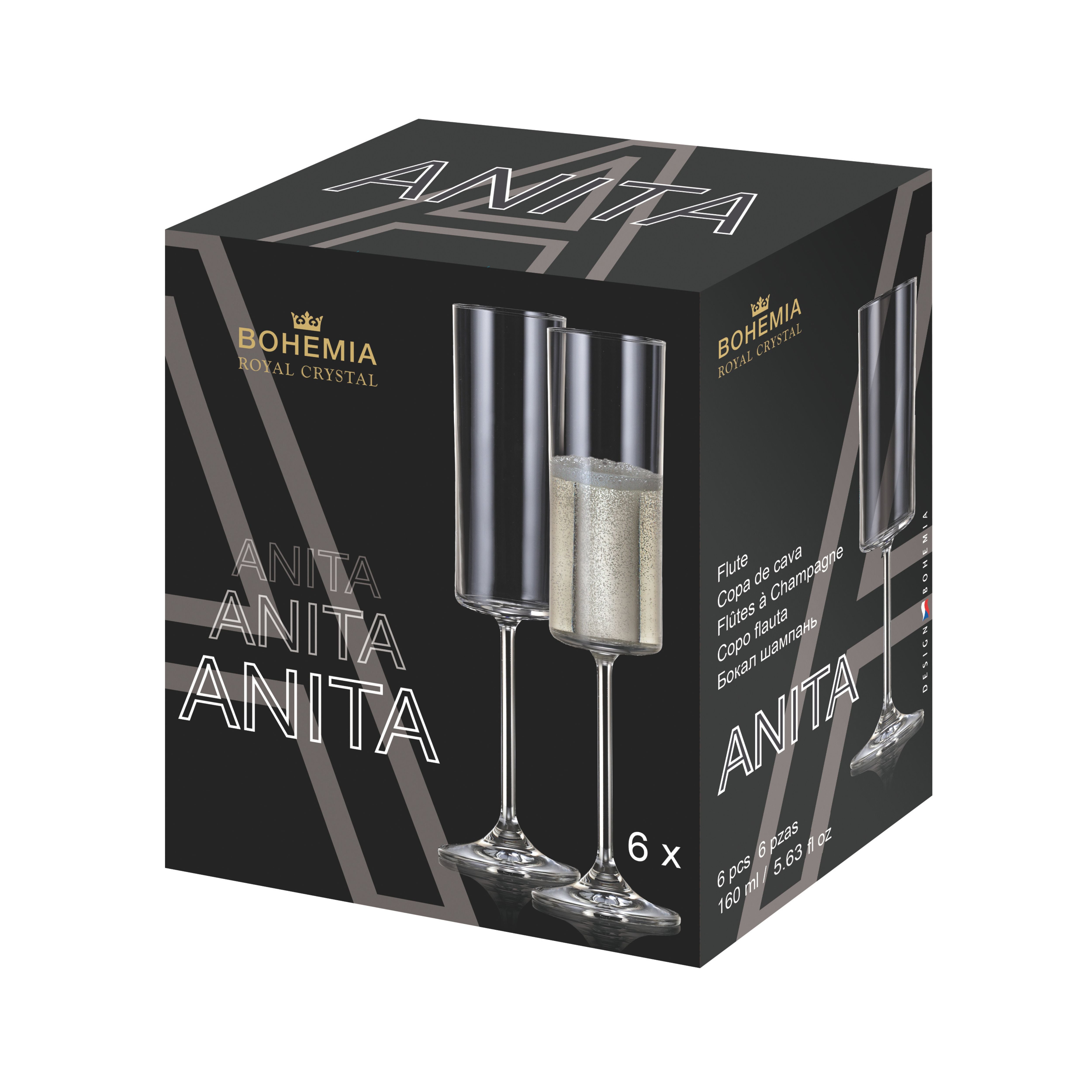 Set de 6 pahare pentru sampanie, transparent, din cristal de Bohemia, 160 ml, Anita Flute, 2, hectarul.ro