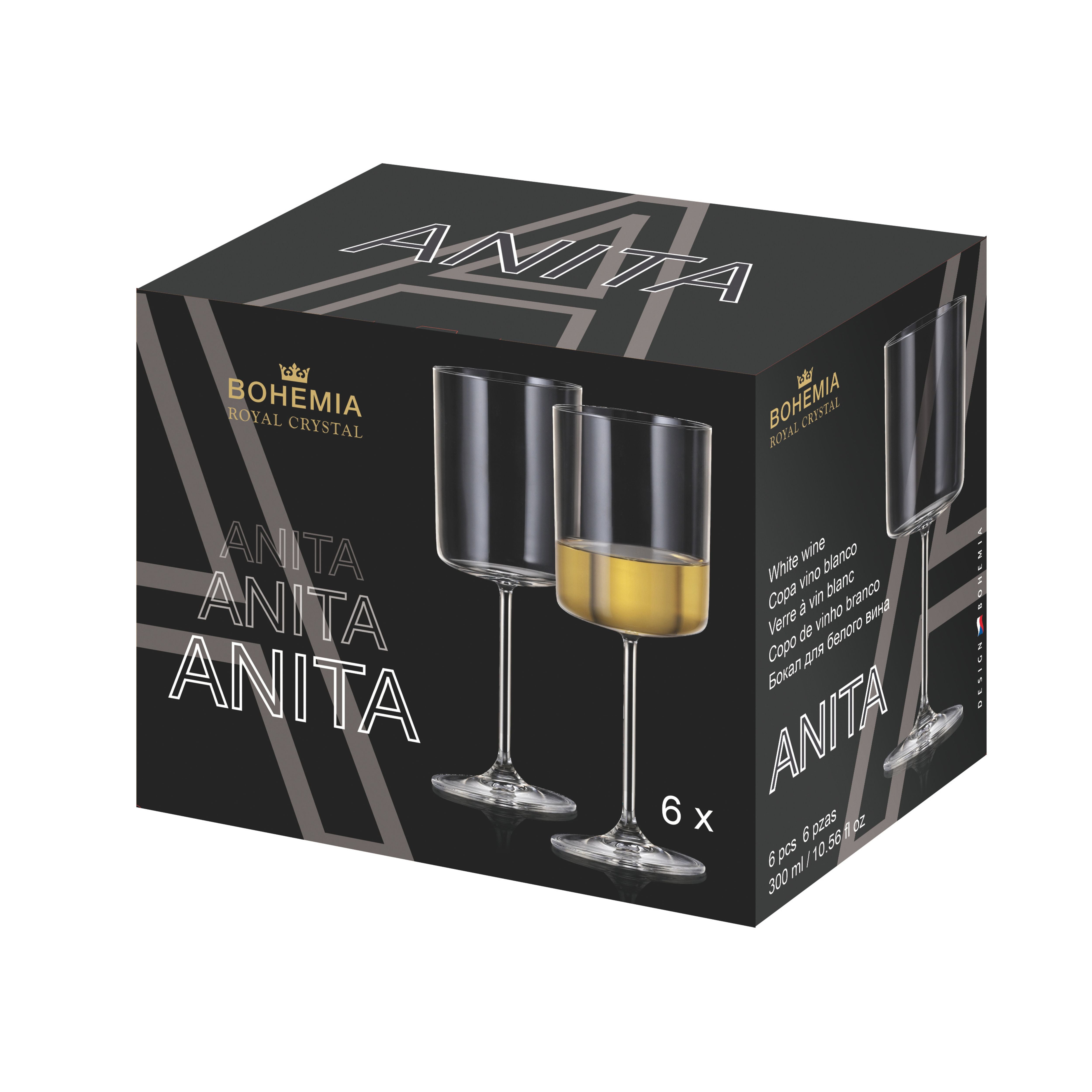 Set de 6 pahare pentru vin alb, transparent, din cristal de Bohemia, 300 ml, Anita White Wine, 2, hectarul.ro