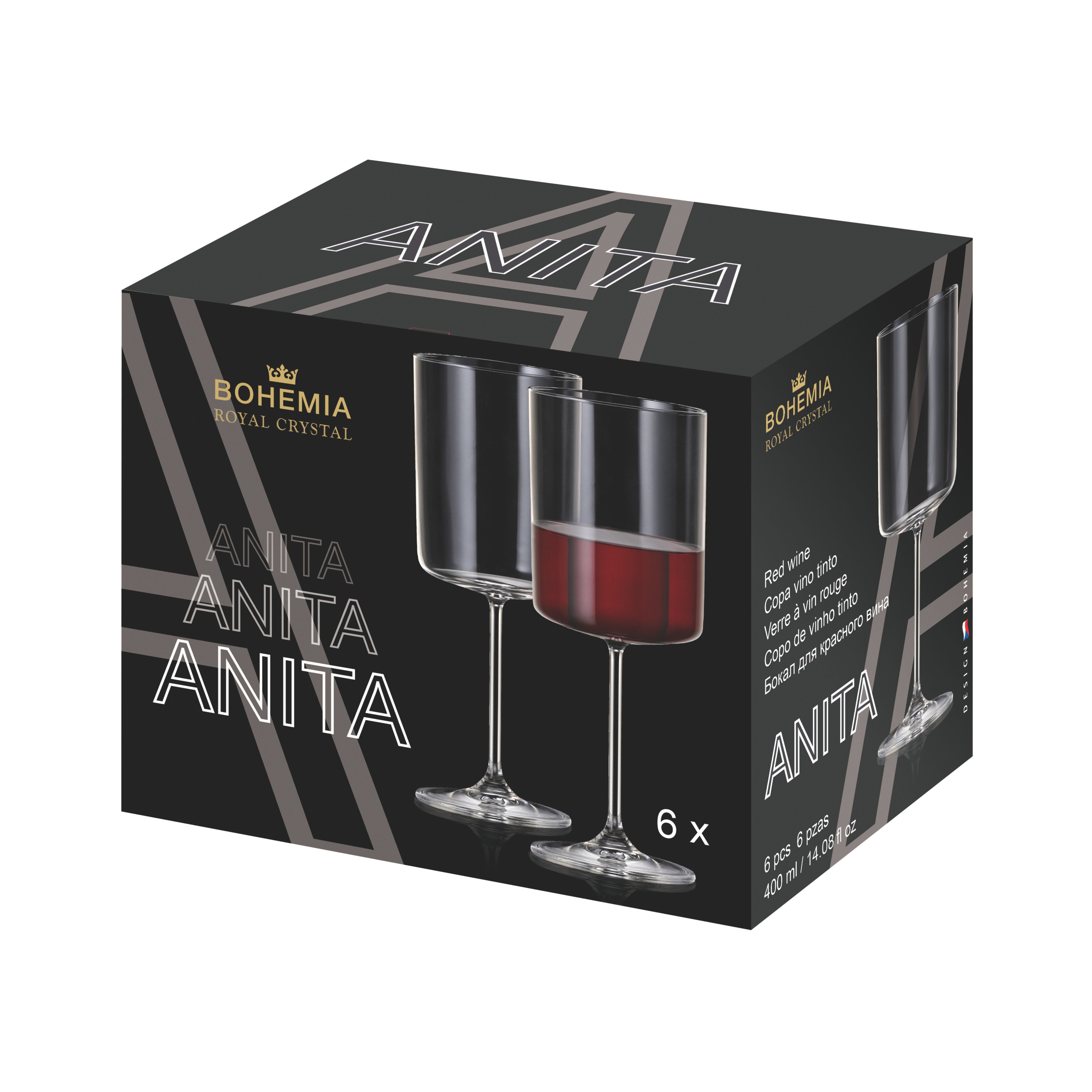 Set de 6 pahare pentru vin rosu, transparent, din cristal de Bohemia, 400 ml, Anita Red Wine, 2, hectarul.ro