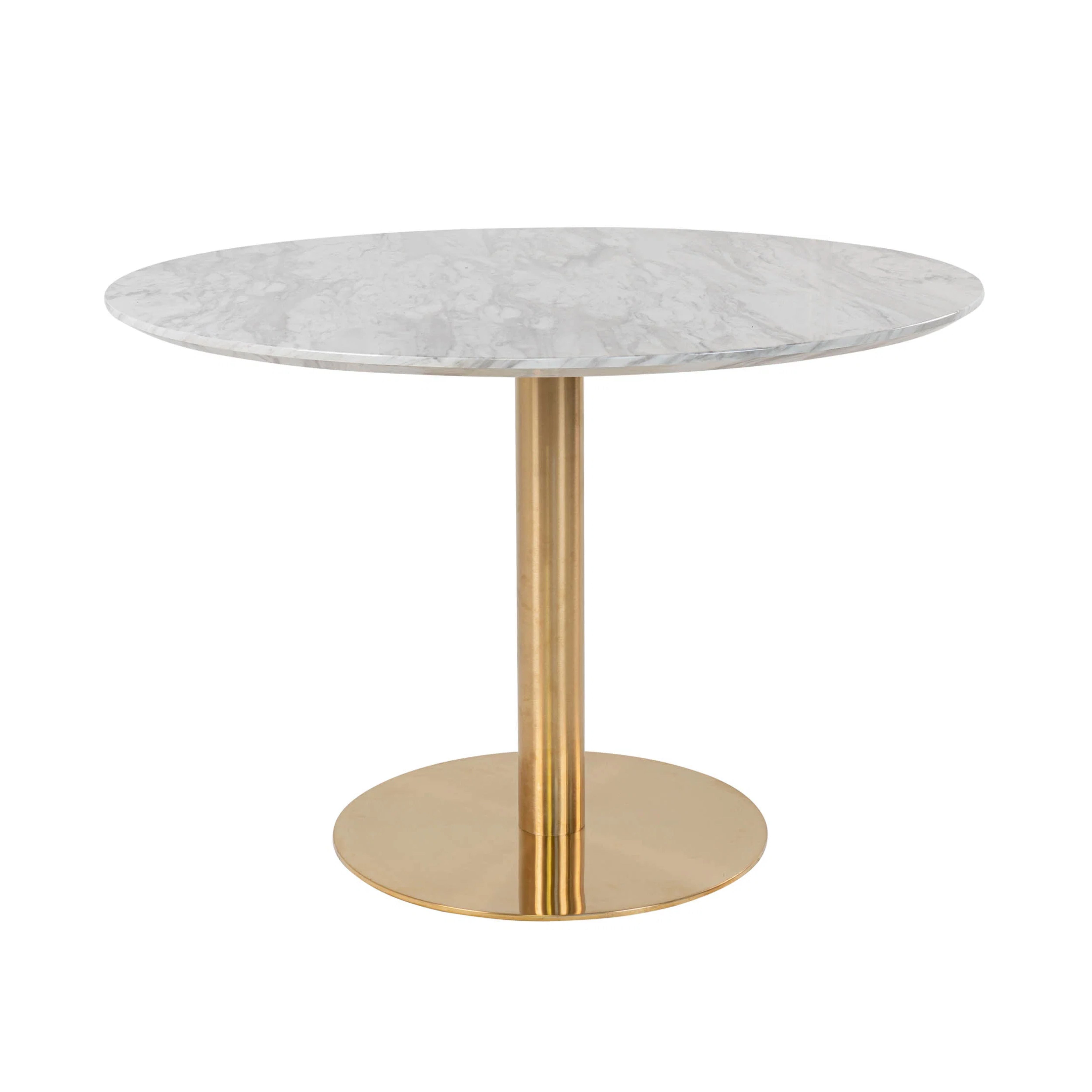 Masa de dining rotunda Ø110 cm alb/auriu cu aspect de marmura, din otel si MDF, Bolzano House Nordic, 1, hectarul.ro
