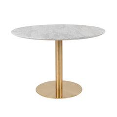 Masa de dining rotunda Ø110 cm alb/auriu cu aspect de marmura, din otel si MDF, Bolzano House Nordic