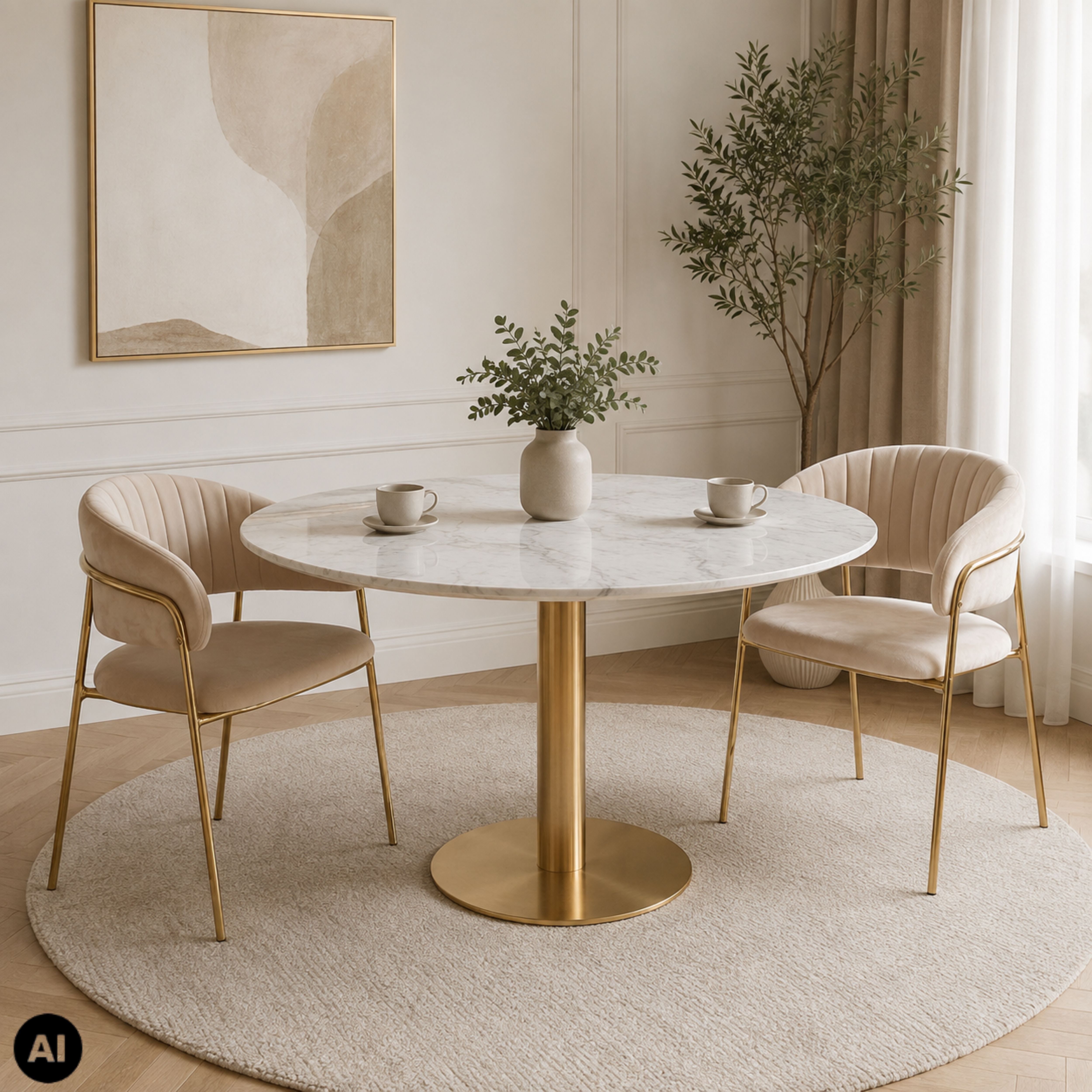 Masa de dining rotunda Ø110 cm alb/auriu cu aspect de marmura, din otel si MDF, Bolzano House Nordic, 2, hectarul.ro