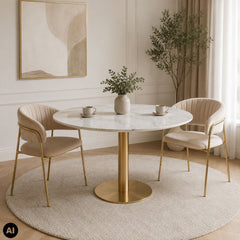 Masa de dining rotunda Ø110 cm alb/auriu cu aspect de marmura, din otel si MDF, Bolzano House Nordic