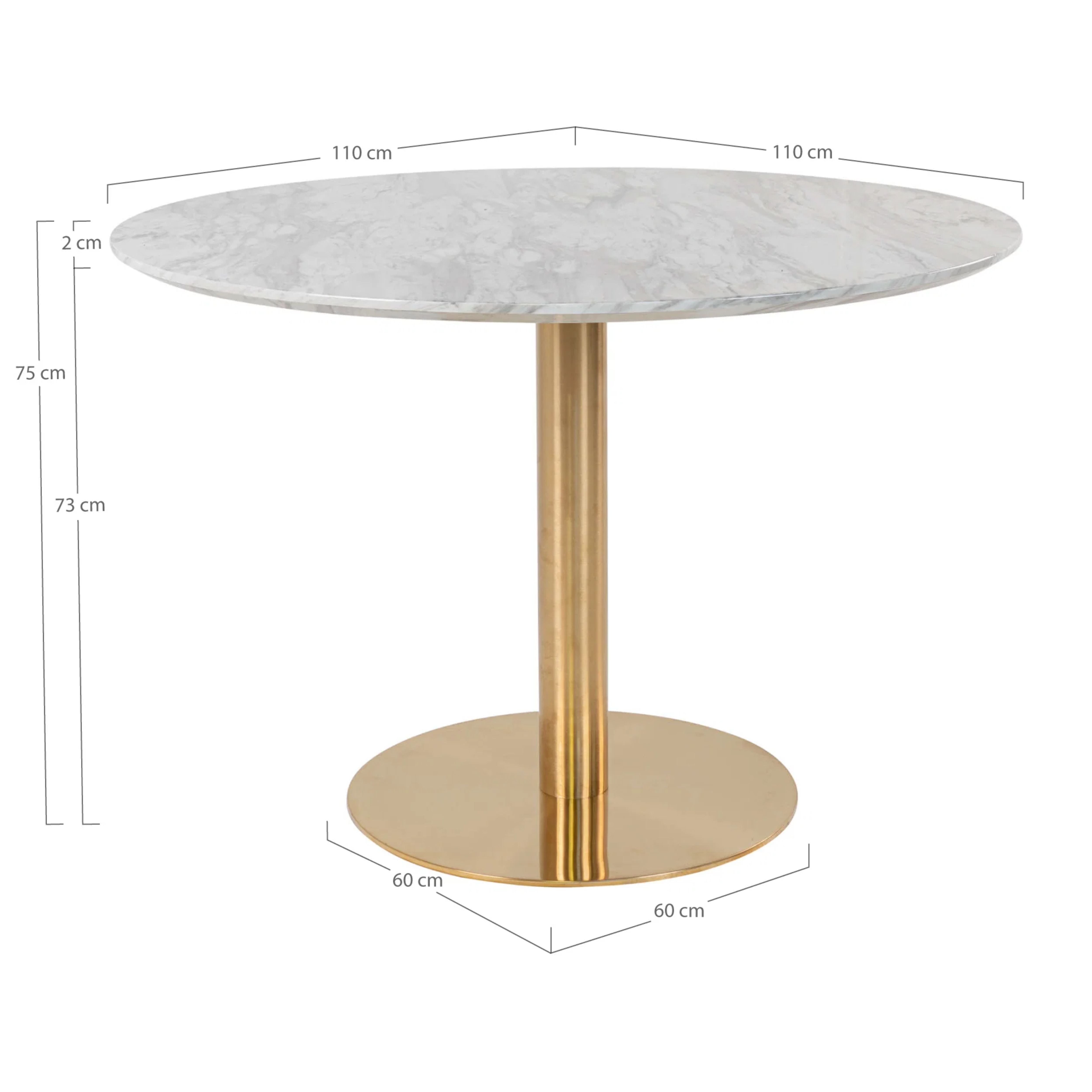 Masa de dining rotunda Ø110 cm alb/auriu cu aspect de marmura, din otel si MDF, Bolzano House Nordic, 8, hectarul.ro