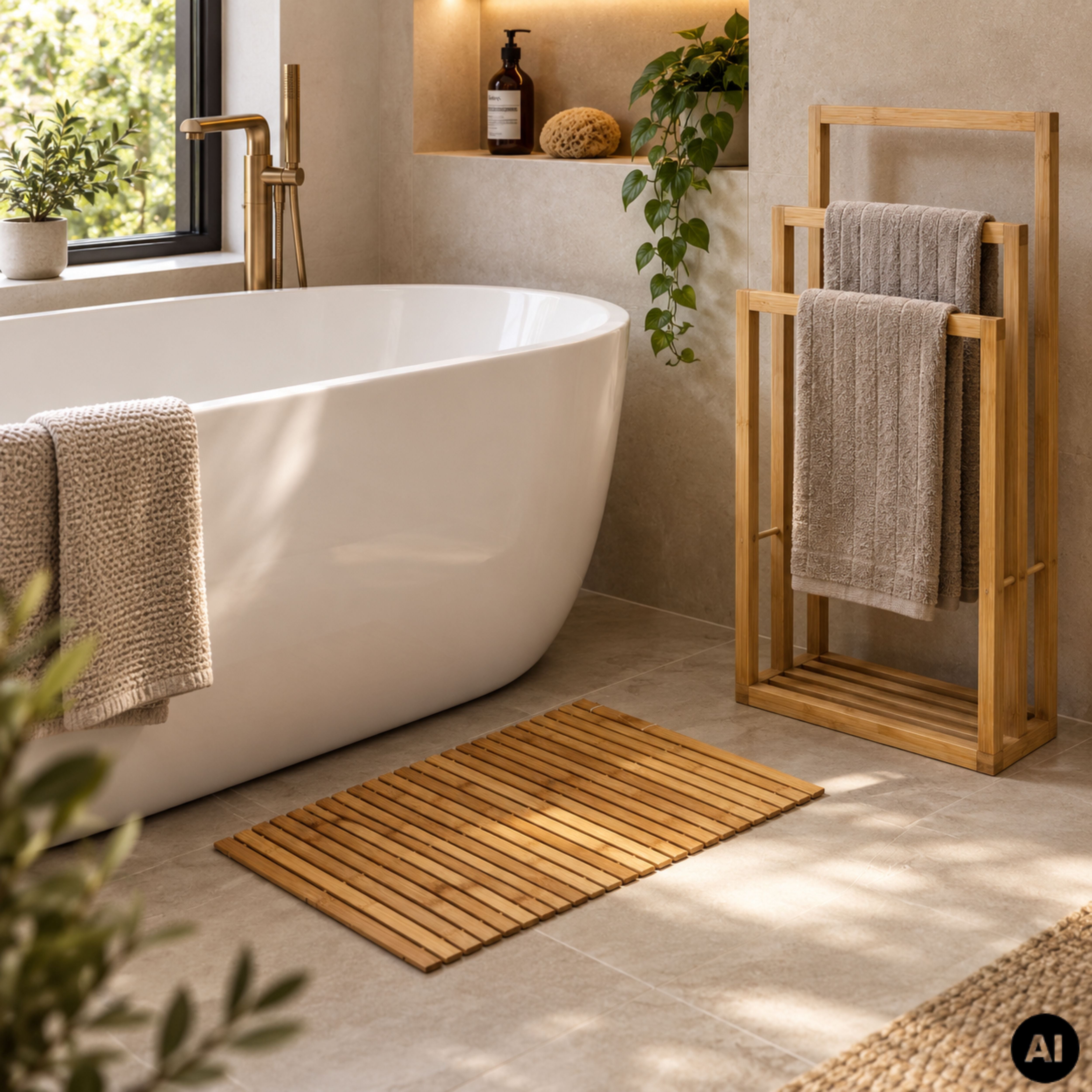 Covoras de baie 60 x 40 cm maro din bambus Urban Living, 3, hectarul.ro
