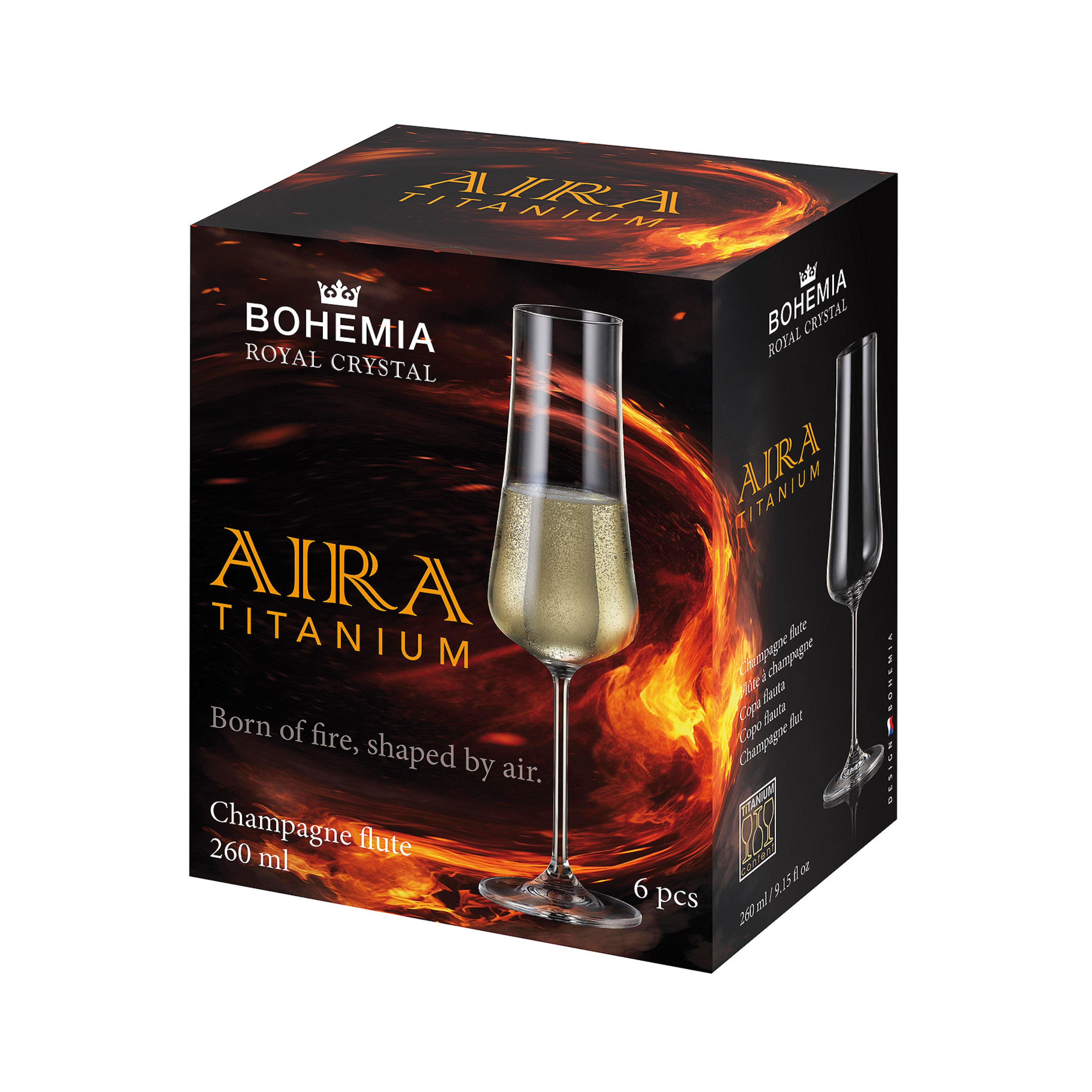 Set de 6 pahare pentru sampanie, din cristal de Bohemia, 260 ml, Aira Flute, 2, hectarul.ro