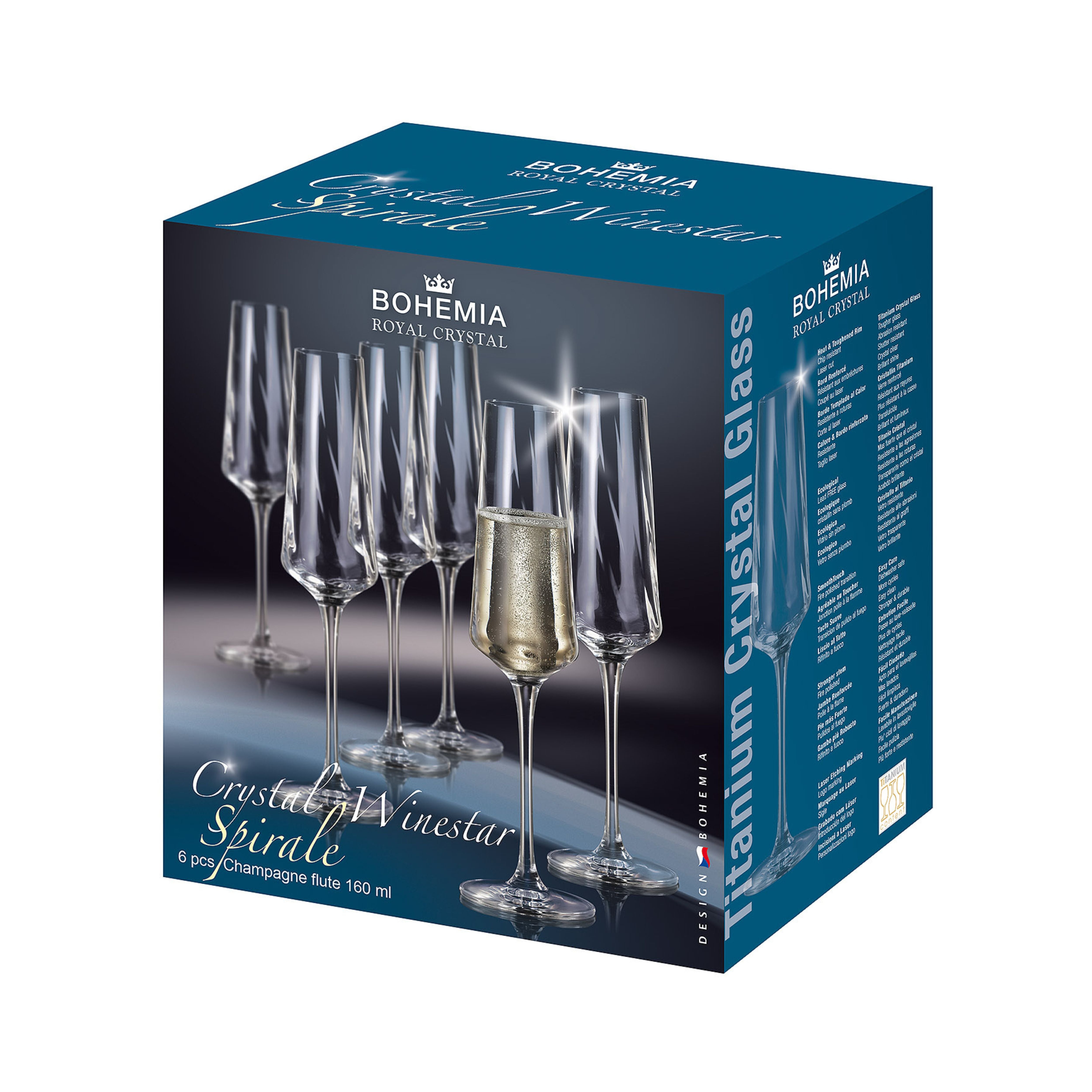 Set de 6 pahare pentru sampanie, din cristal de Bohemia, 160 ml, Crystal Winestar Spirale Flute, 2, hectarul.ro