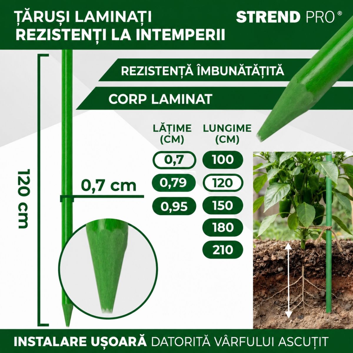 Tija pentru sustinere plante din fibra de sticla 120 cm inaltime, CountryYard S270, 3, hectarul.ro
