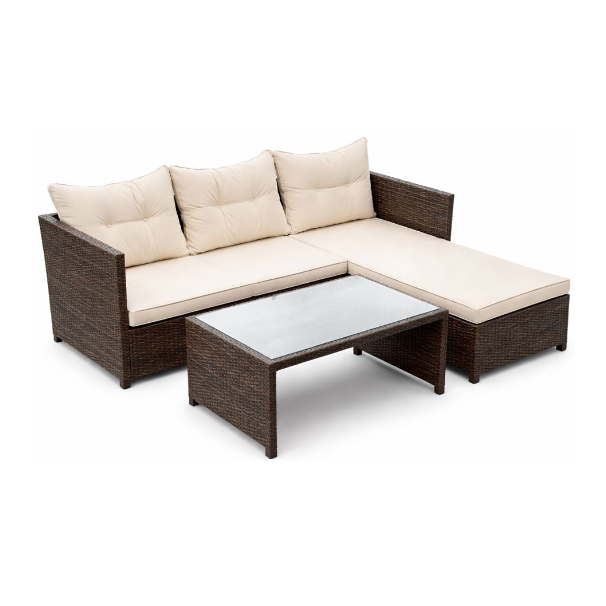 Set pentru terasa modular din 3 piese poliratan maro si perne bej, 1, hectarul.ro