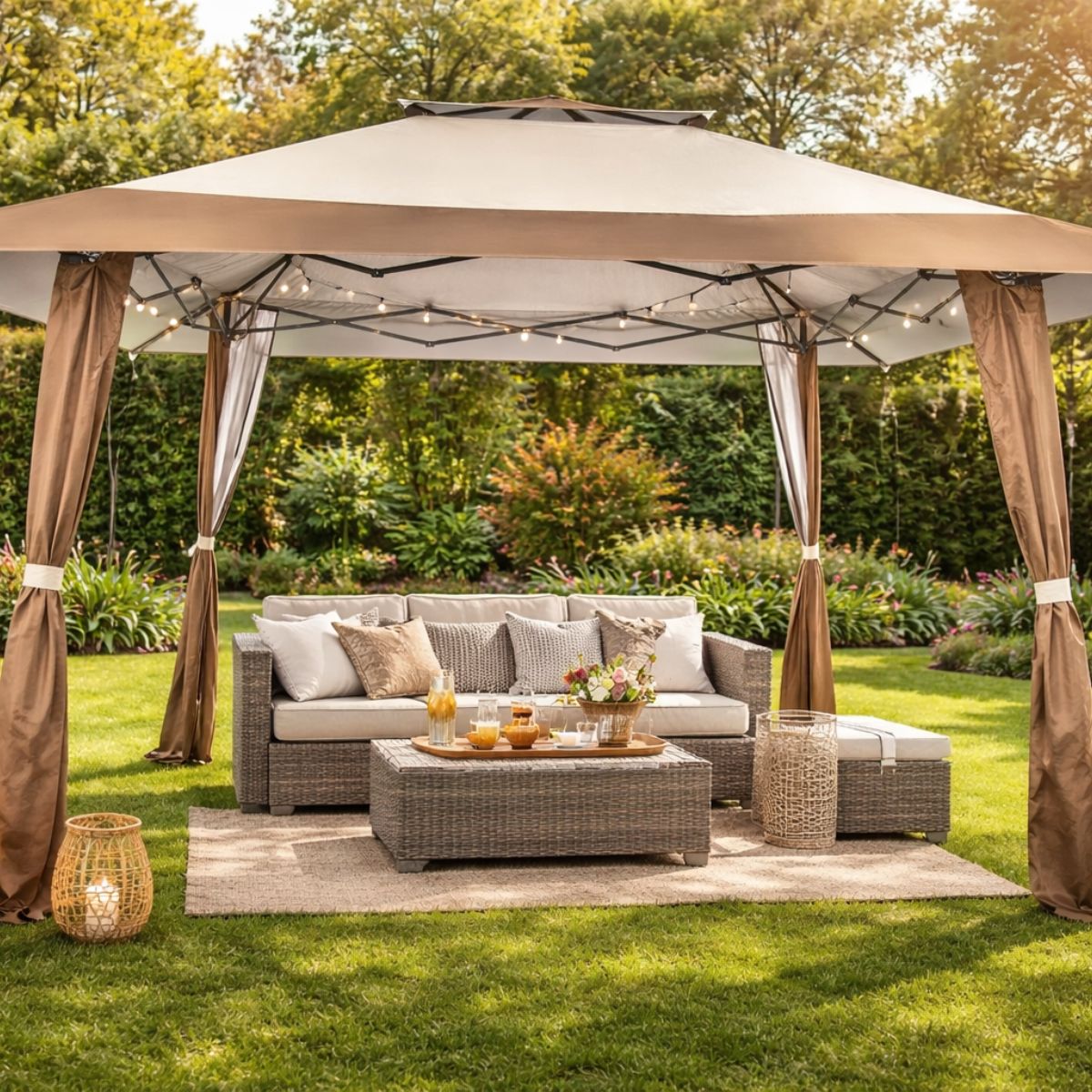 Pavilion gradina cu perdele bej, 3,96 x 3.05m, 2, hectarul.ro