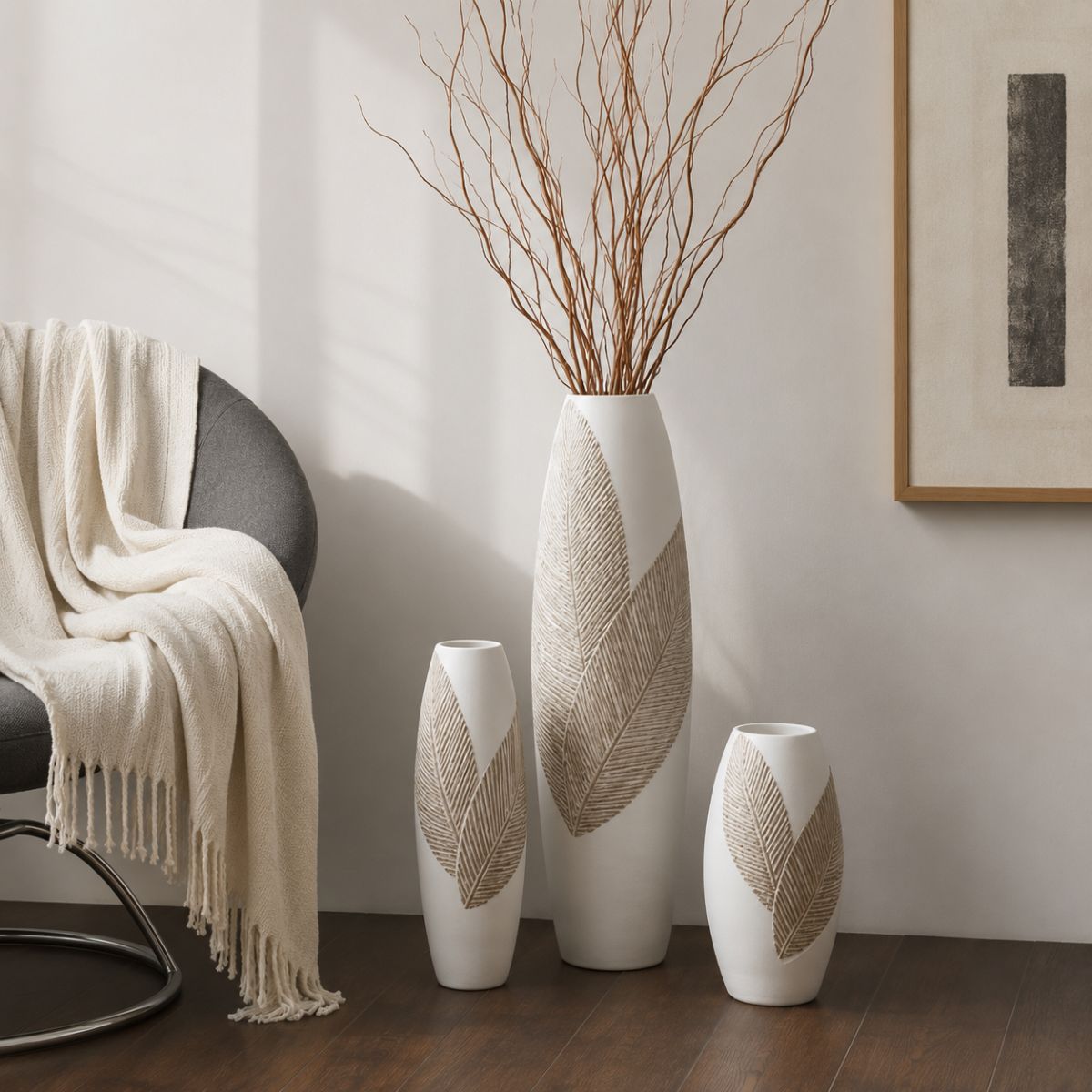 Vaza alba din polirasina 45 cm Leaf & Satin Yazhi, 8, hectarul.ro