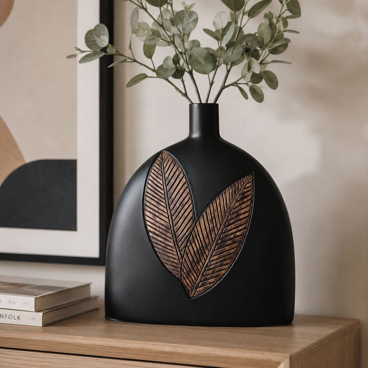 Vaza neagra din polirasina 25 cm Leaf & Satin Yazhi, 2, hectarul.ro