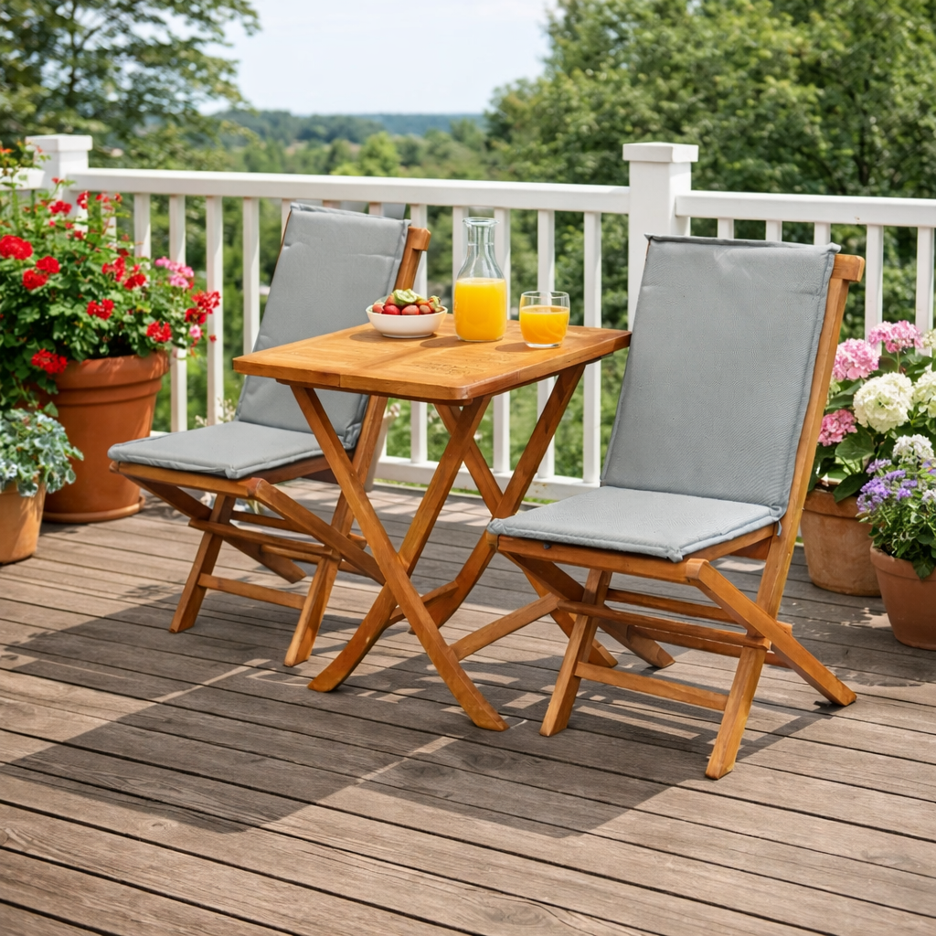 Set 3 piese Picnic din lemn masiv de tec compus din 2 scaune si masa rabatabile de culoare maro natur cu perne incluse, 2, hectarul.ro
