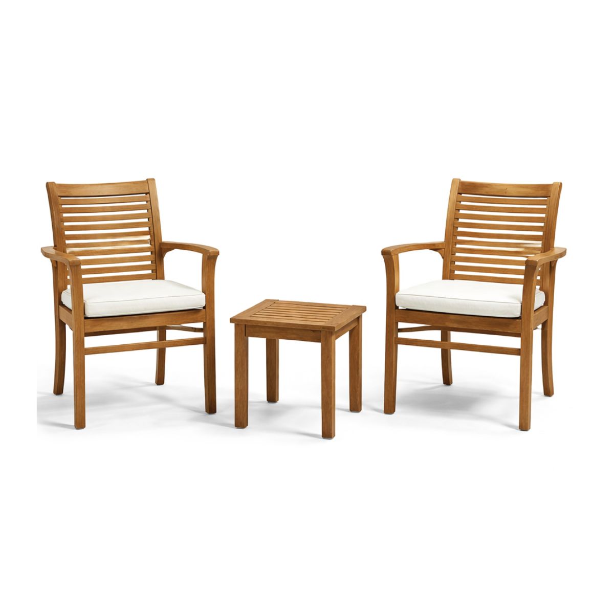 Set 3 piese Leon din lemn masiv de tec compus din 2 scaune si masuta de cafea de culoare maro natur cu perne inclse, 1, hectarul.ro
