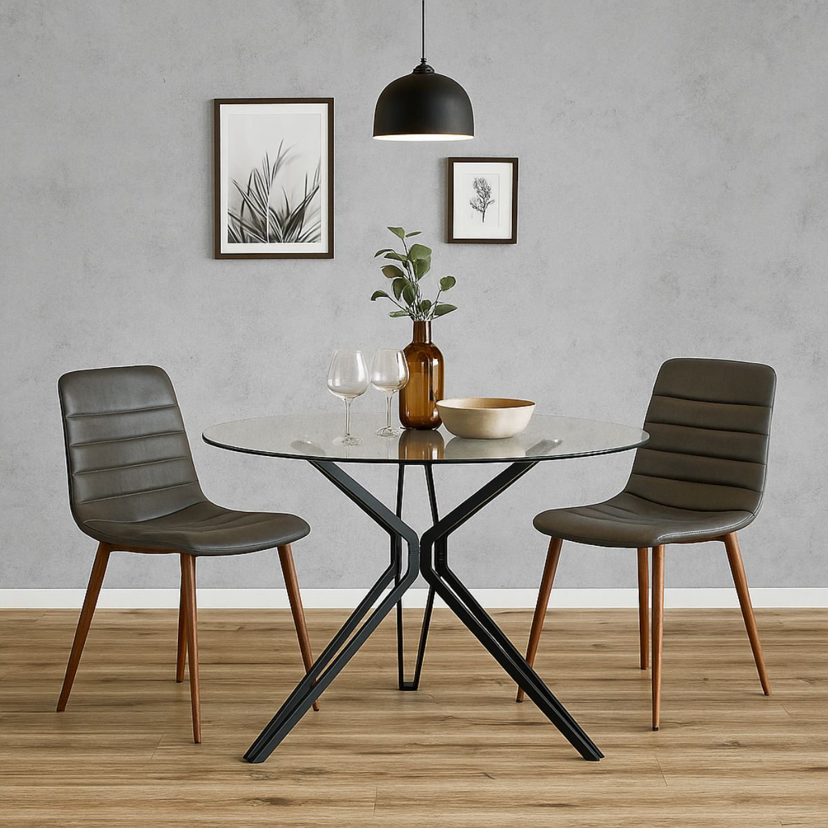 Masa dining rotunda cu cadru metalic negru si blat din sticla securizata 8 mm grosime, 110 cm diametru, 74 cm inaltime, Iris HARO, 2, hectarul.ro