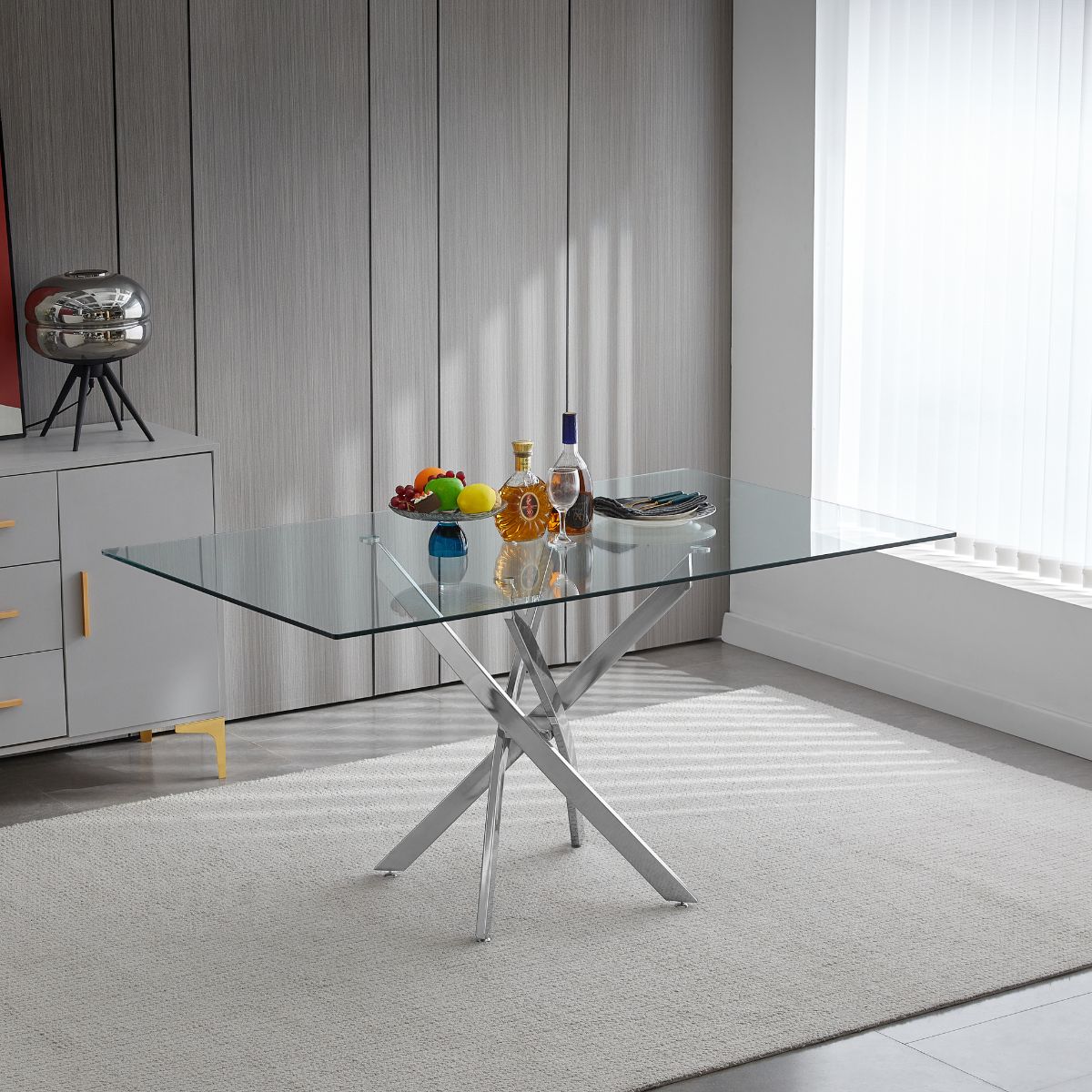 Masa dining cu picioare metalice cromate si blat din sticla securizata 10 mm grosime, 160X90X75 cm Brillo HARO