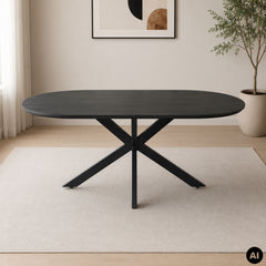 Masa dining ovala 160x90 cm maro inchis, blat din MDF 25 mm si picioare metalice, Odense HARO