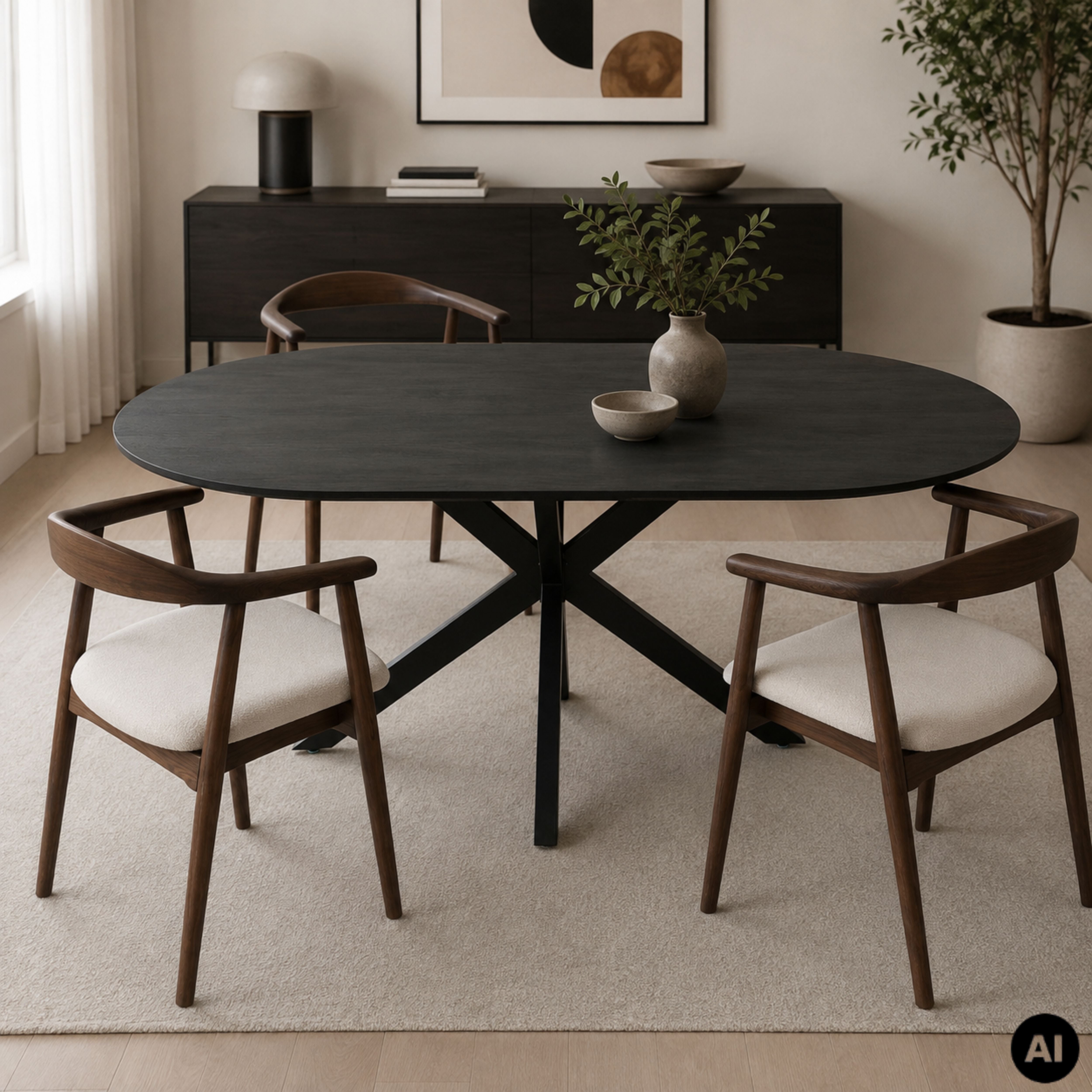 Masa dining ovala 160x90 cm maro inchis, blat din MDF 25 mm si picioare metalice, Odense HARO, 8, hectarul.ro