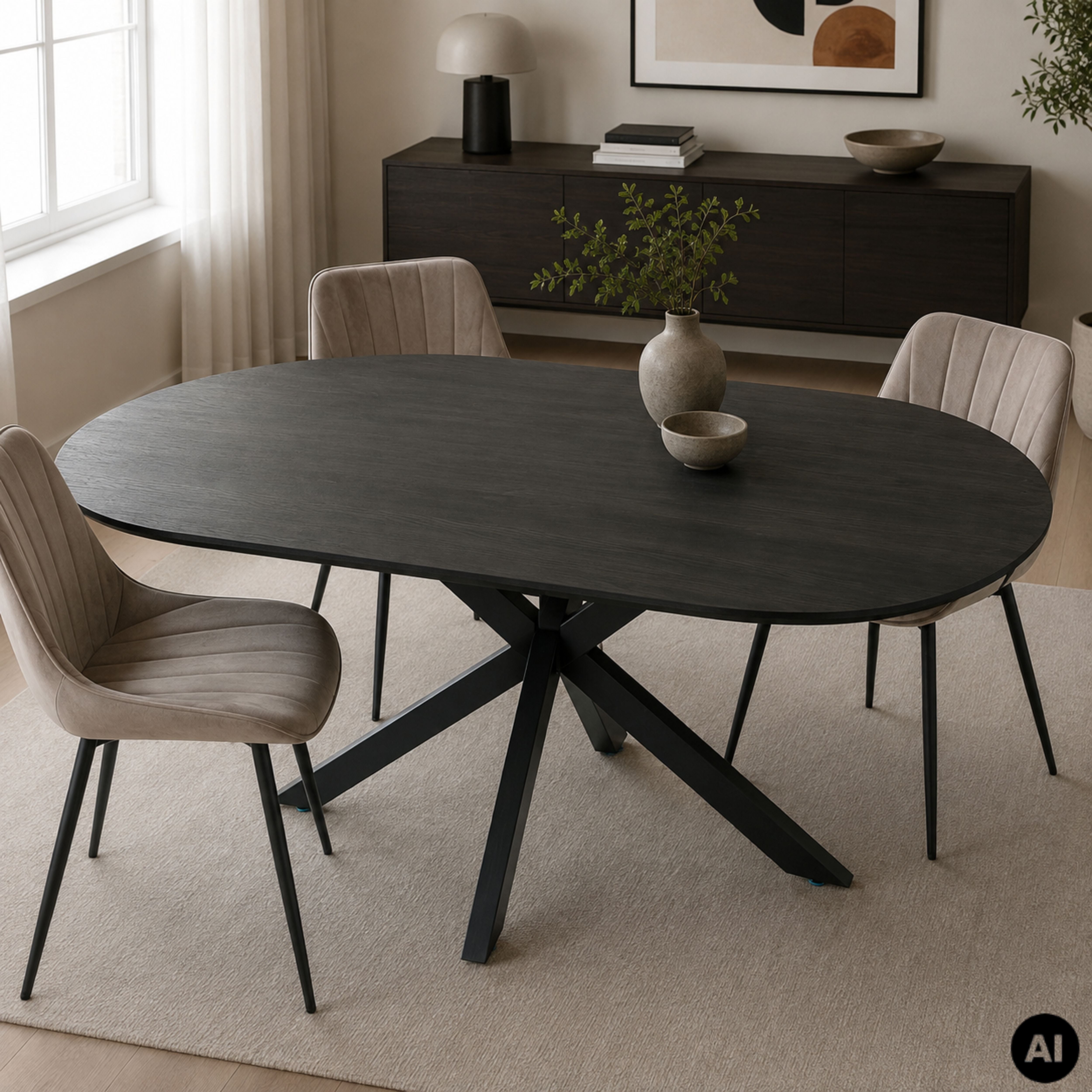 Masa dining ovala 160x90 cm maro inchis, blat din MDF 25 mm si picioare metalice, Odense HARO, 7, hectarul.ro