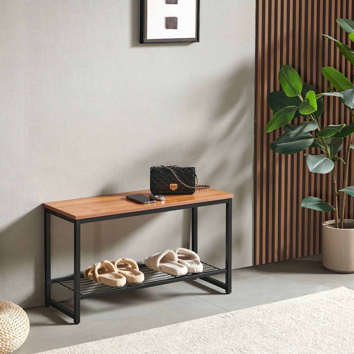 Bancheta pentru hol cu cadru metalic negru si blat din MDF melaminat de 15 mm grosime, maro, 80x30x45 cm, Entry HARO, 1, hectarul.ro