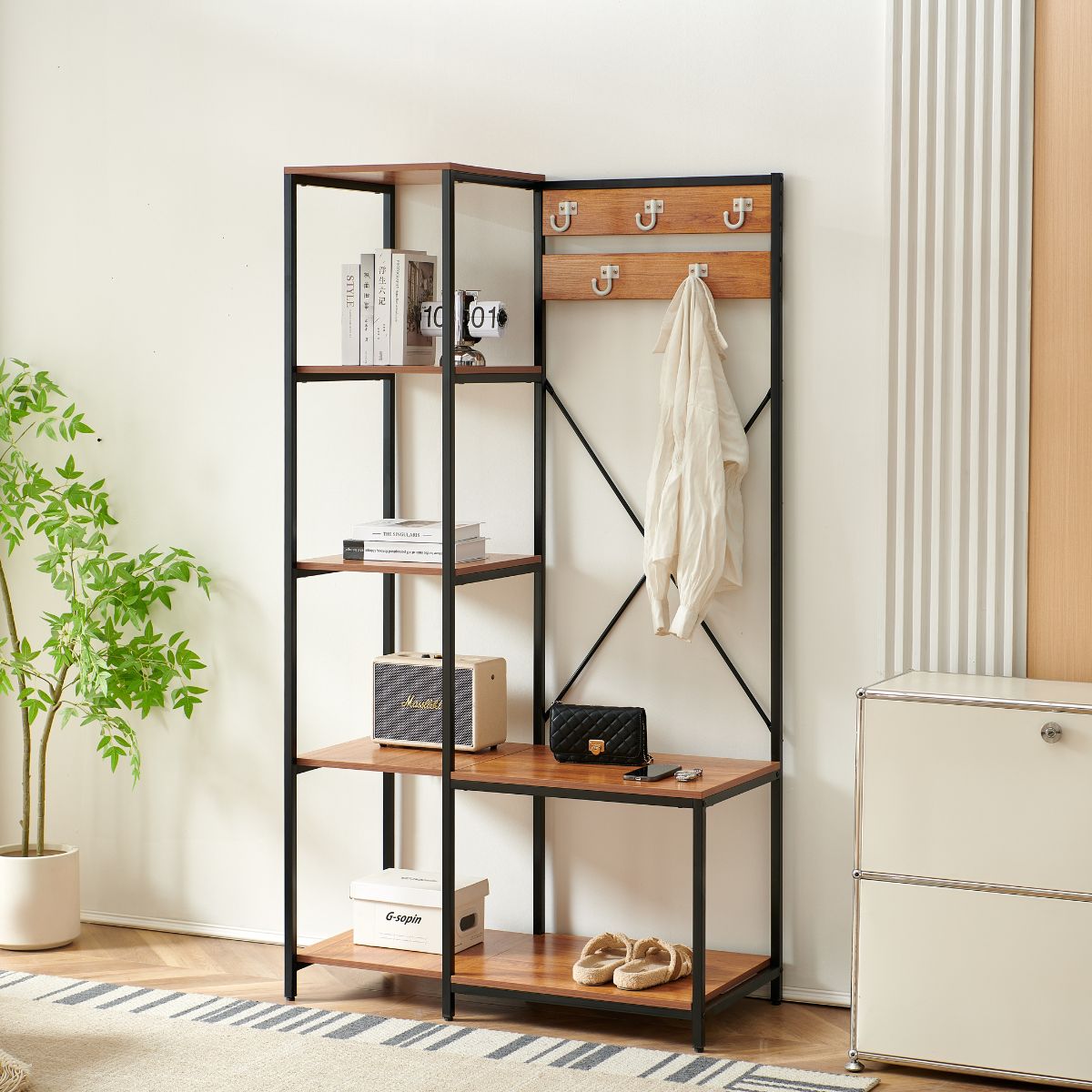 Raft cu cadru metalic negru si polite din MDF melaminat de 15 mm grosime, maro, 96x45x178 cm, Urban Coat HARO, 1, hectarul.ro