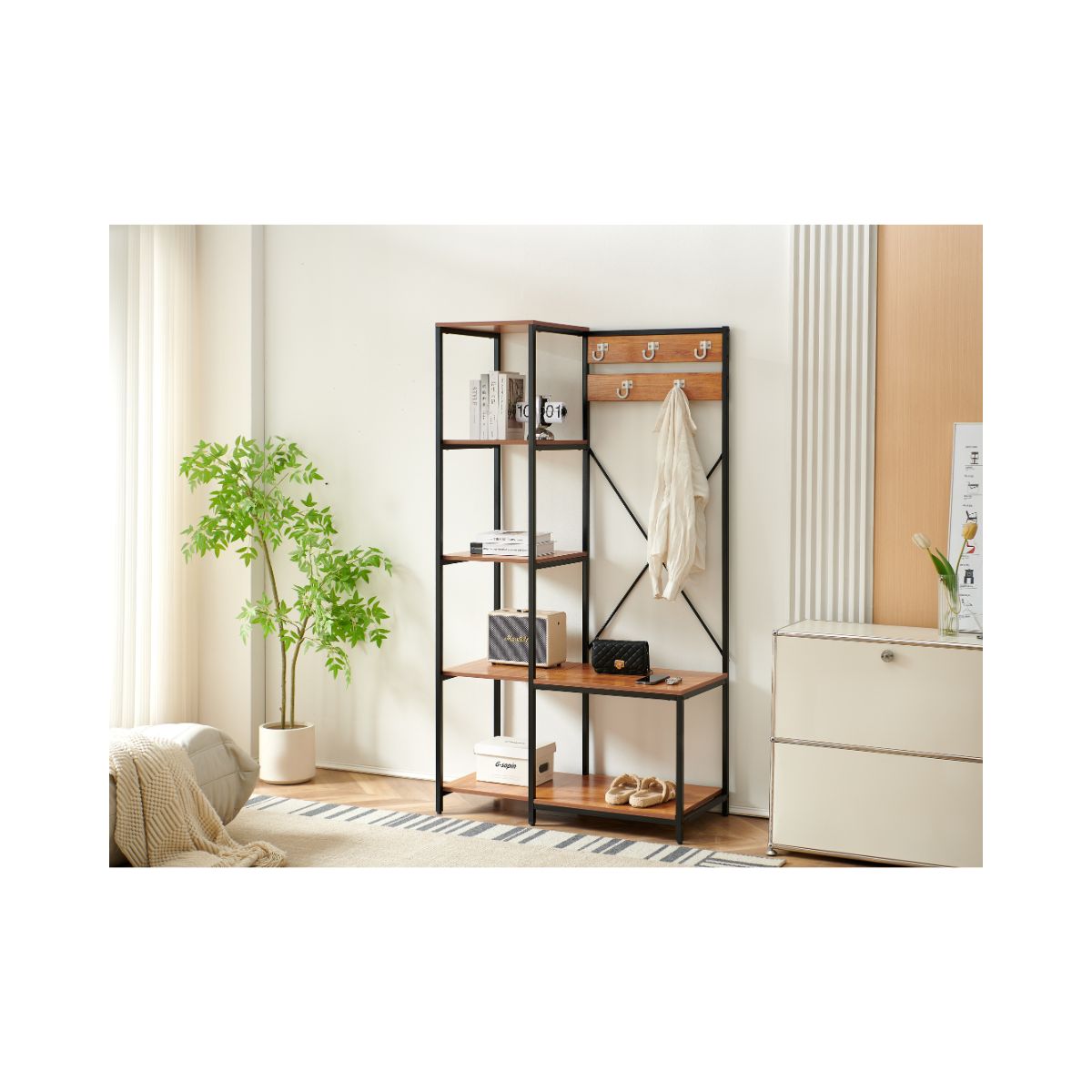 Raft cu cadru metalic negru si polite din MDF melaminat de 15 mm grosime, maro, 96x45x178 cm, Urban Coat HARO, 1, hectarul.ro