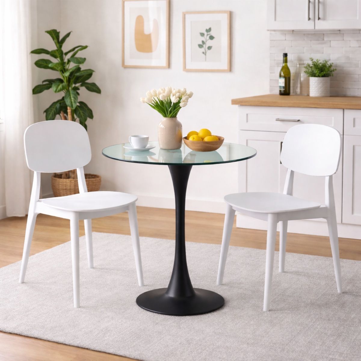 Masa dining rotunda Sablier HARO Ø80x74 cm, blat sticla securizata, picior metalic, design modern, 2, hectarul.ro