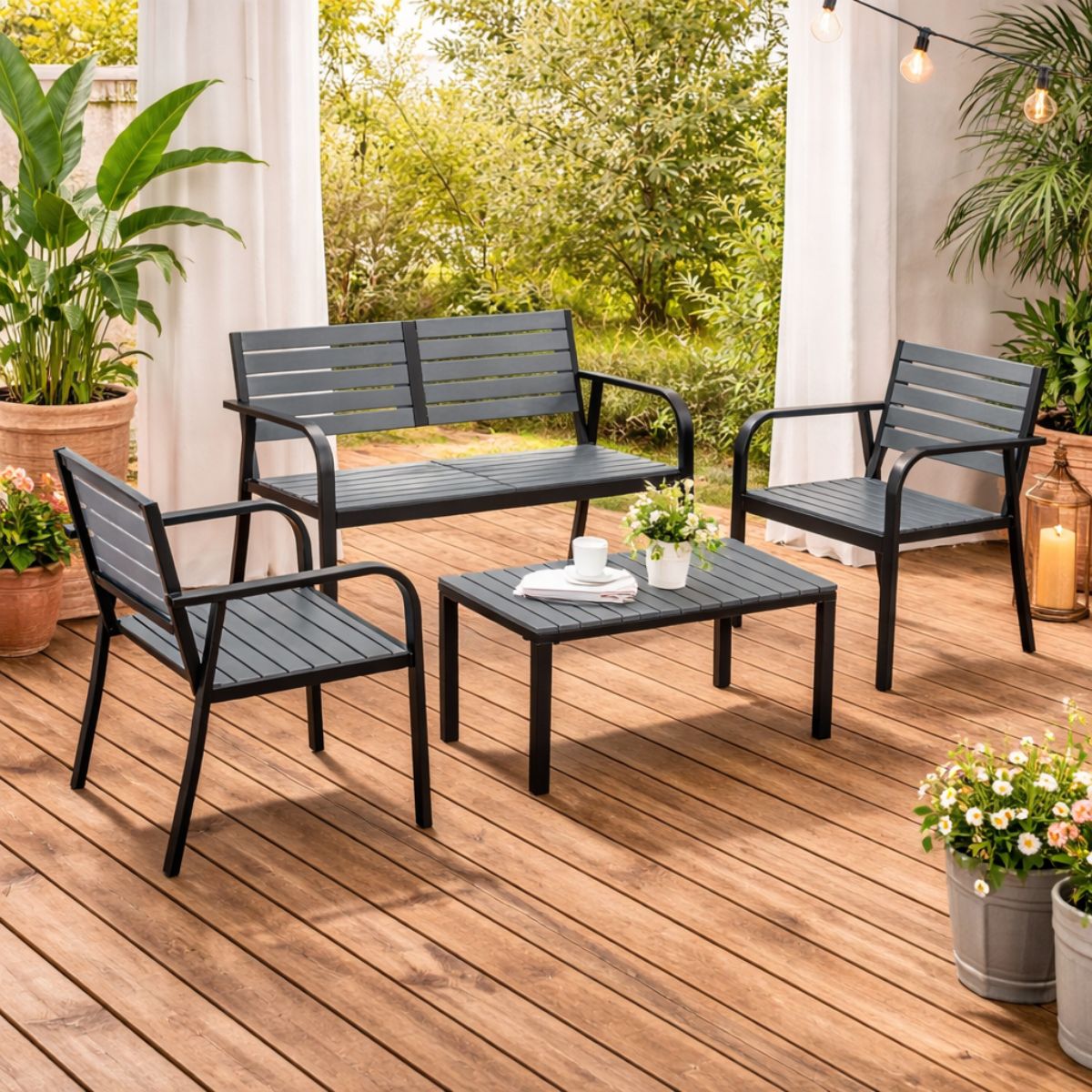 Set 4 mobilier de terasa/gradina gri antracit din metal si polipropilena, Tinos HARO, 2, hectarul.ro
