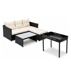 Pachet promotional set 3 piese terasa poliratan negru cu perna bej si gratar Hectarul model V, gratis
