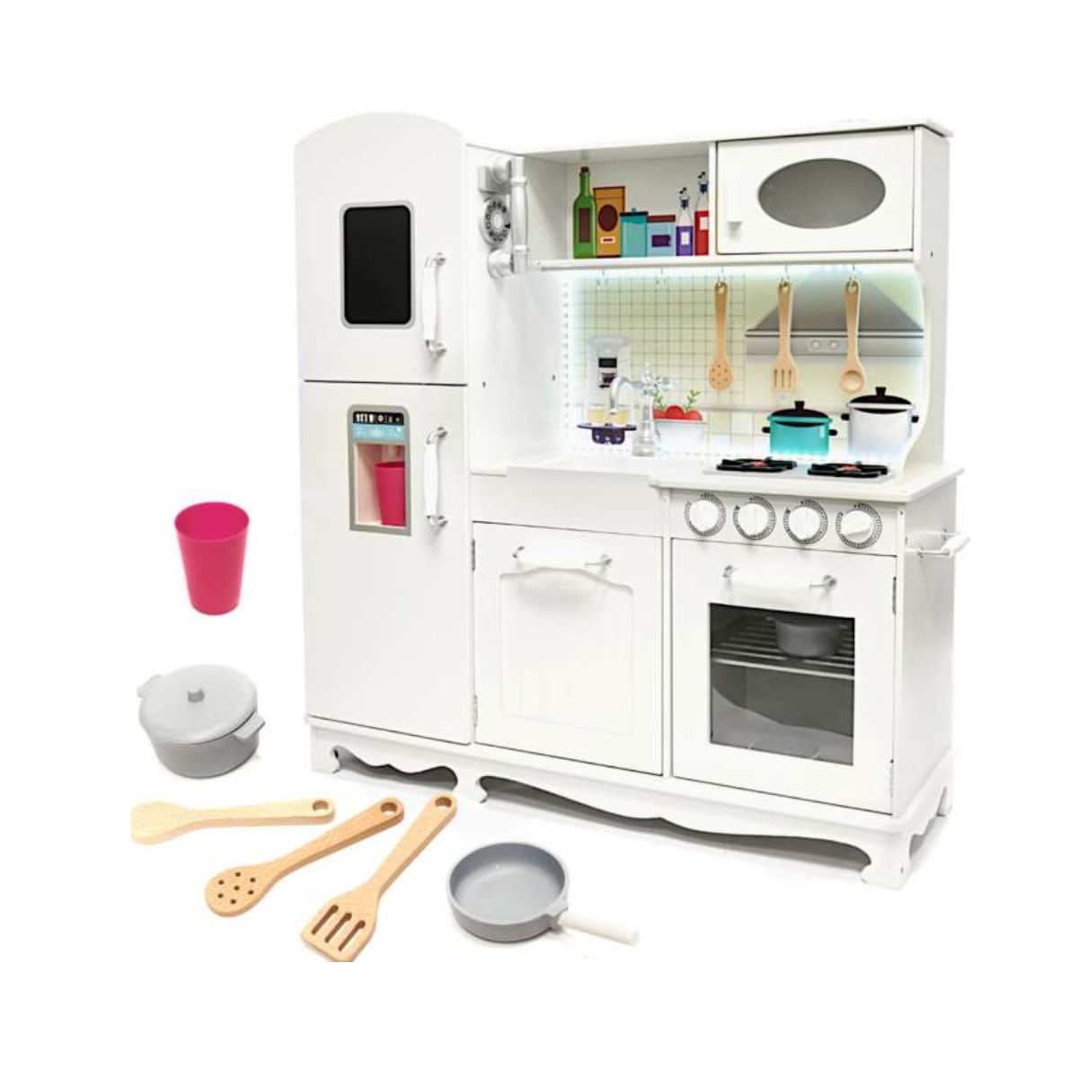 Bucatarie din lemn pentru copii cu accesorii, LED, XXL, MDF 103cm x 33.5cm x 98.5cm, 1, hectarul.ro