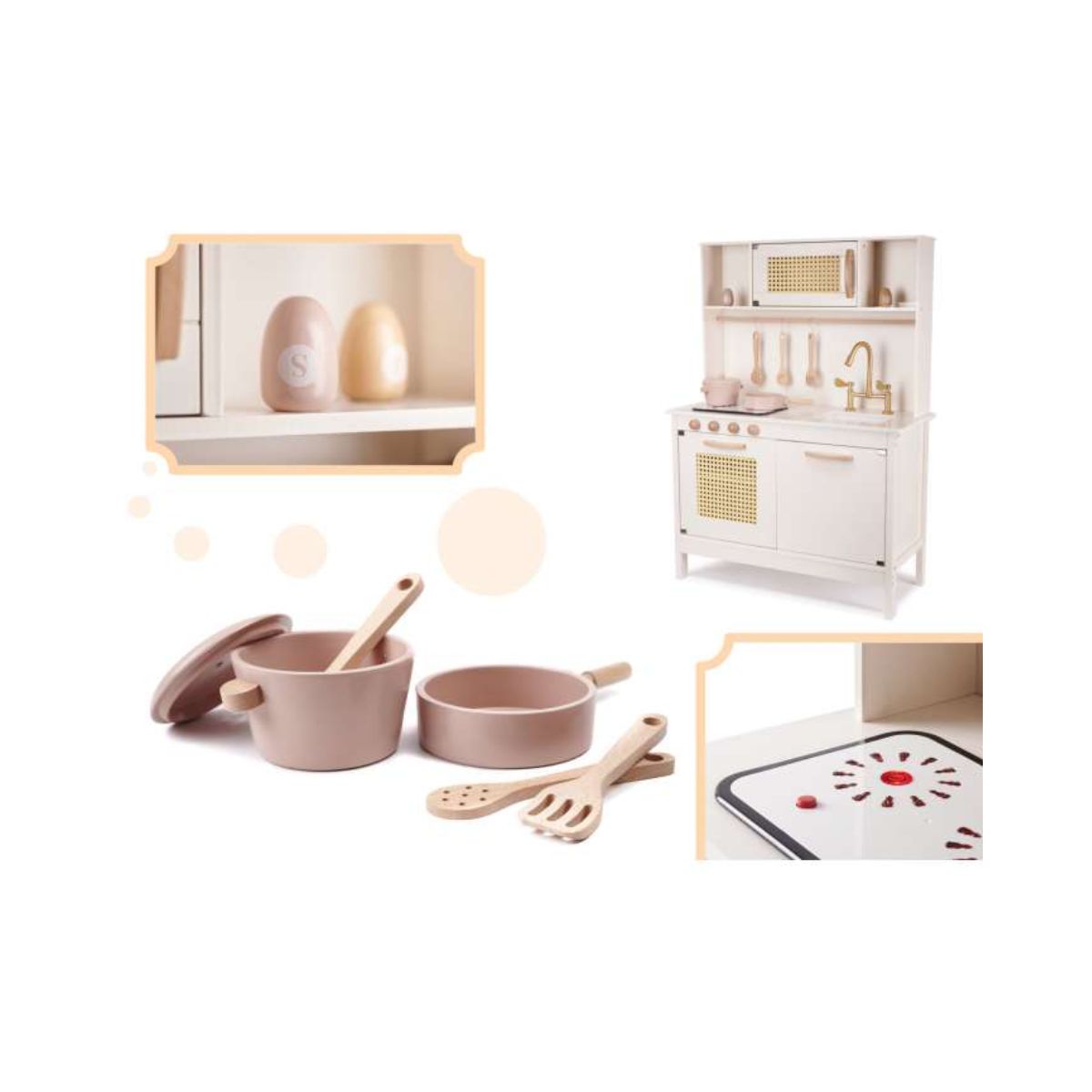 Bucatarie din lemn pentru copii cu accesorii retro, MDF, BOHO 68cm x 29cm x 100 cm, 3, hectarul.ro