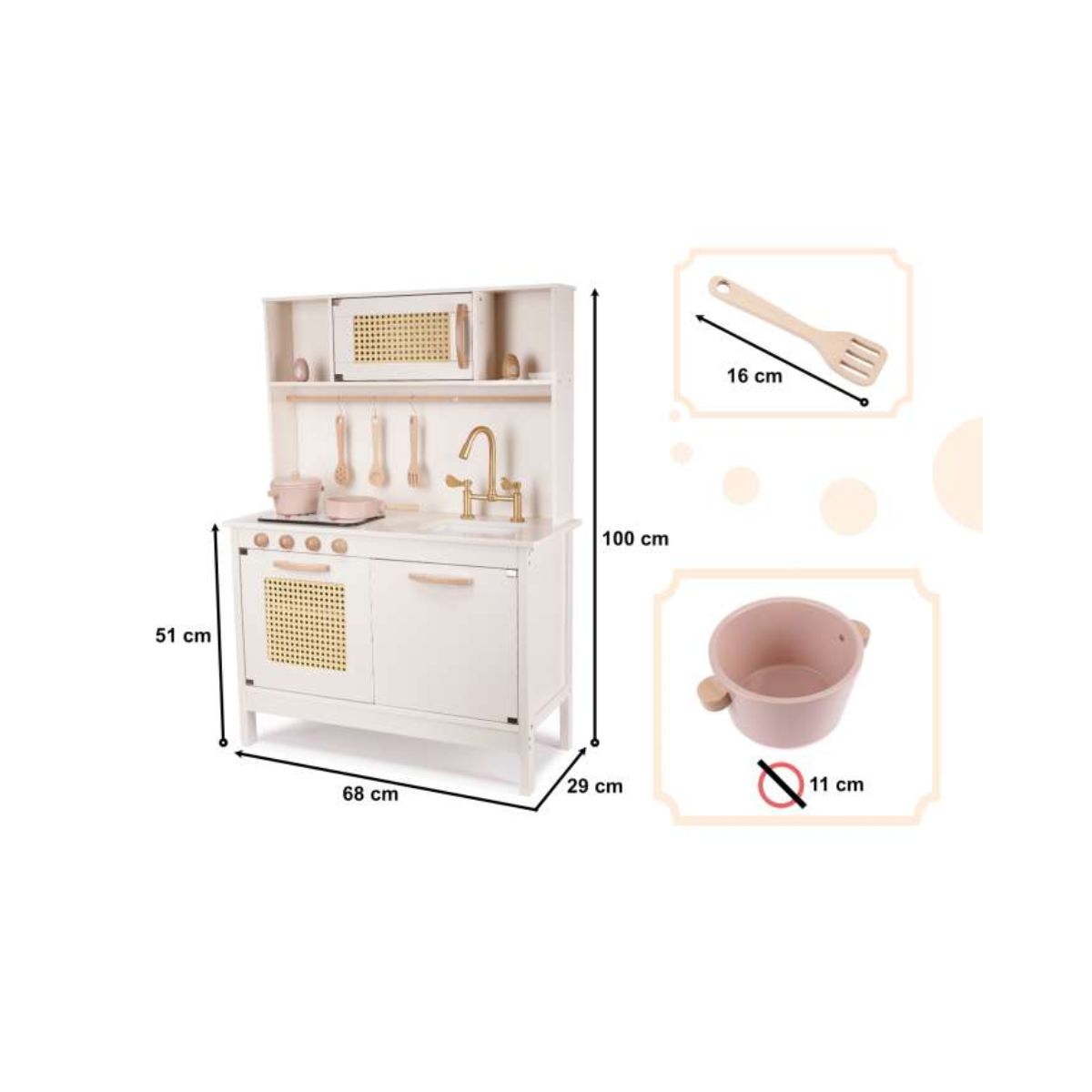 Bucatarie din lemn pentru copii cu accesorii retro, MDF, BOHO 68cm x 29cm x 100 cm, 4, hectarul.ro