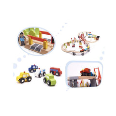 Cale ferata din lemn, trecere auto sine de tren, accesorii din 70 cuburi