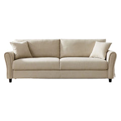Canapea  fixa 3 locuri Cozza, cadru si picioare solide din lemn, tapiserie textila crem, pernite decorative incluse, 212x78x87 cm