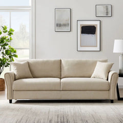 Canapea  fixa 3 locuri Cozza, cadru si picioare solide din lemn, tapiserie textila crem, pernite decorative incluse, 212x78x87 cm