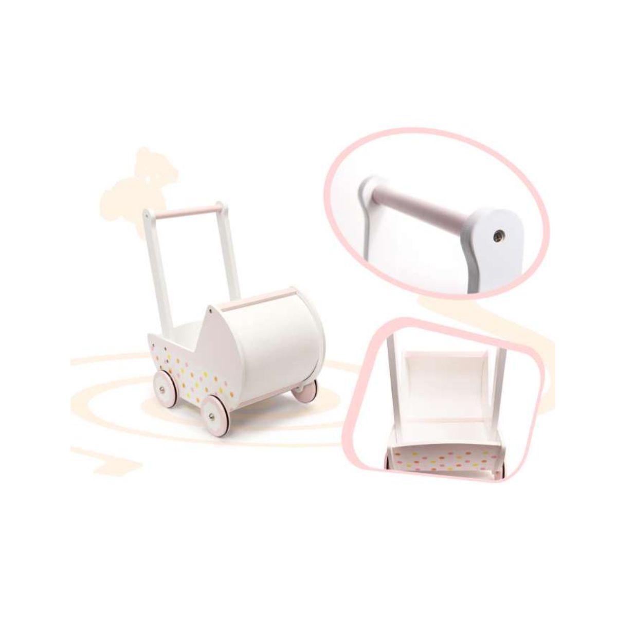 Carucior papusa gondola cu impingator din lemn, roz, 46 x 35.5 x 35.5 cm, 2, hectarul.ro