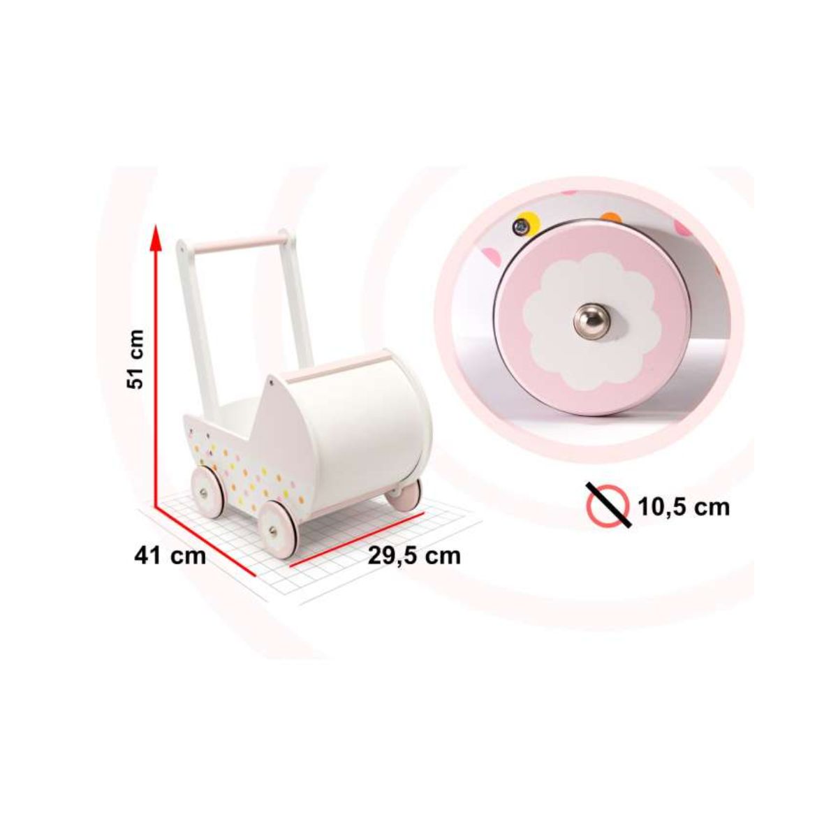 Carucior papusa gondola cu impingator din lemn, roz, 46 x 35.5 x 35.5 cm, 3, hectarul.ro