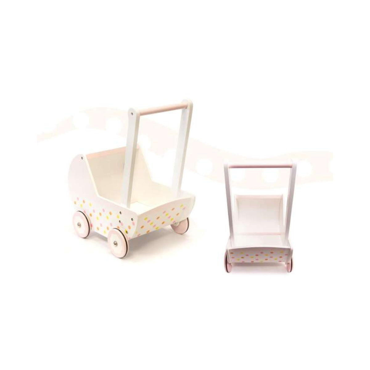 Carucior papusa gondola cu impingator din lemn, roz, 46 x 35.5 x 35.5 cm, 4, hectarul.ro