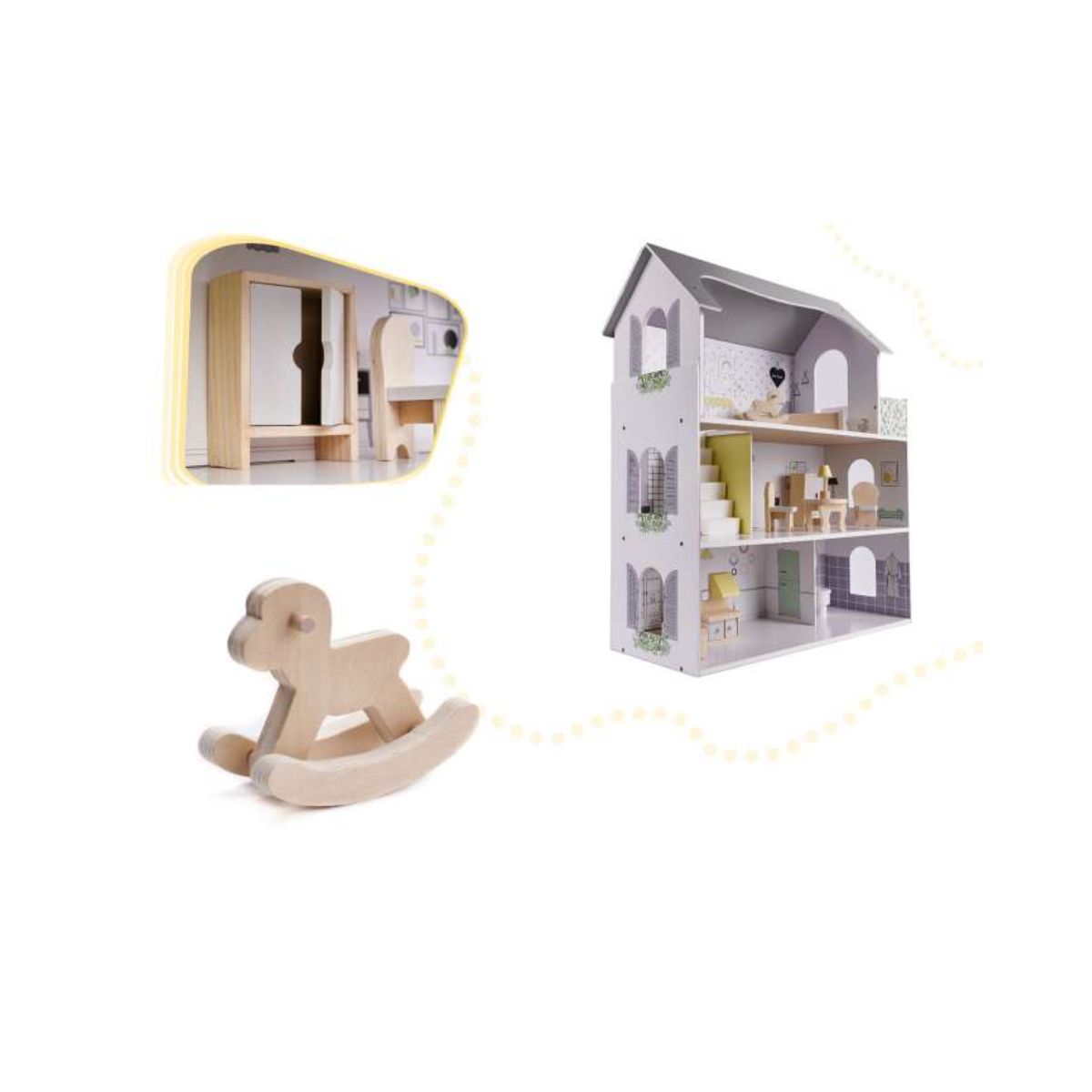 Casa de papusi din lemn cu mobila gri, 60 x 24 x 70 cm, 2, hectarul.ro