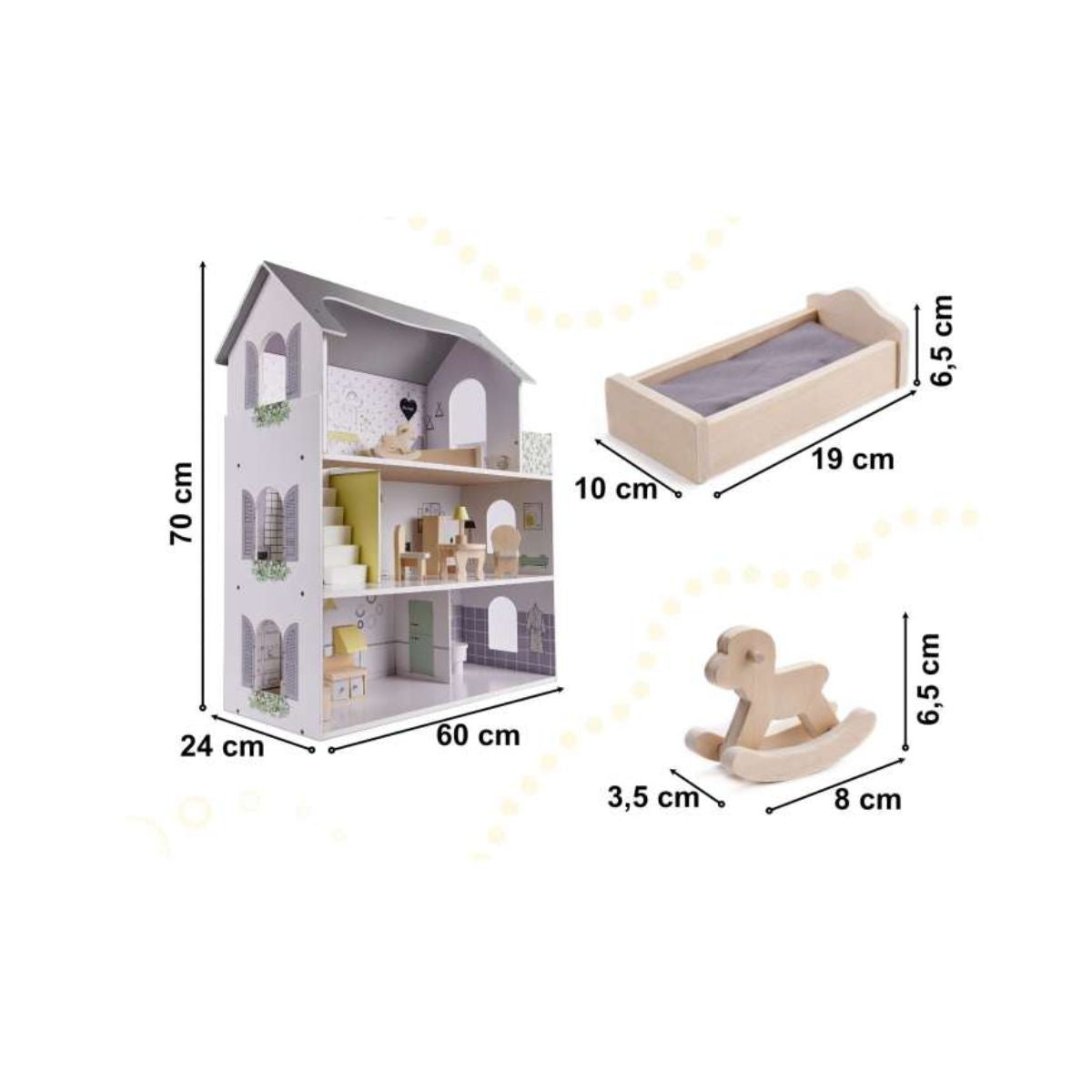 Casa de papusi din lemn cu mobila gri, 60 x 24 x 70 cm, 3, hectarul.ro