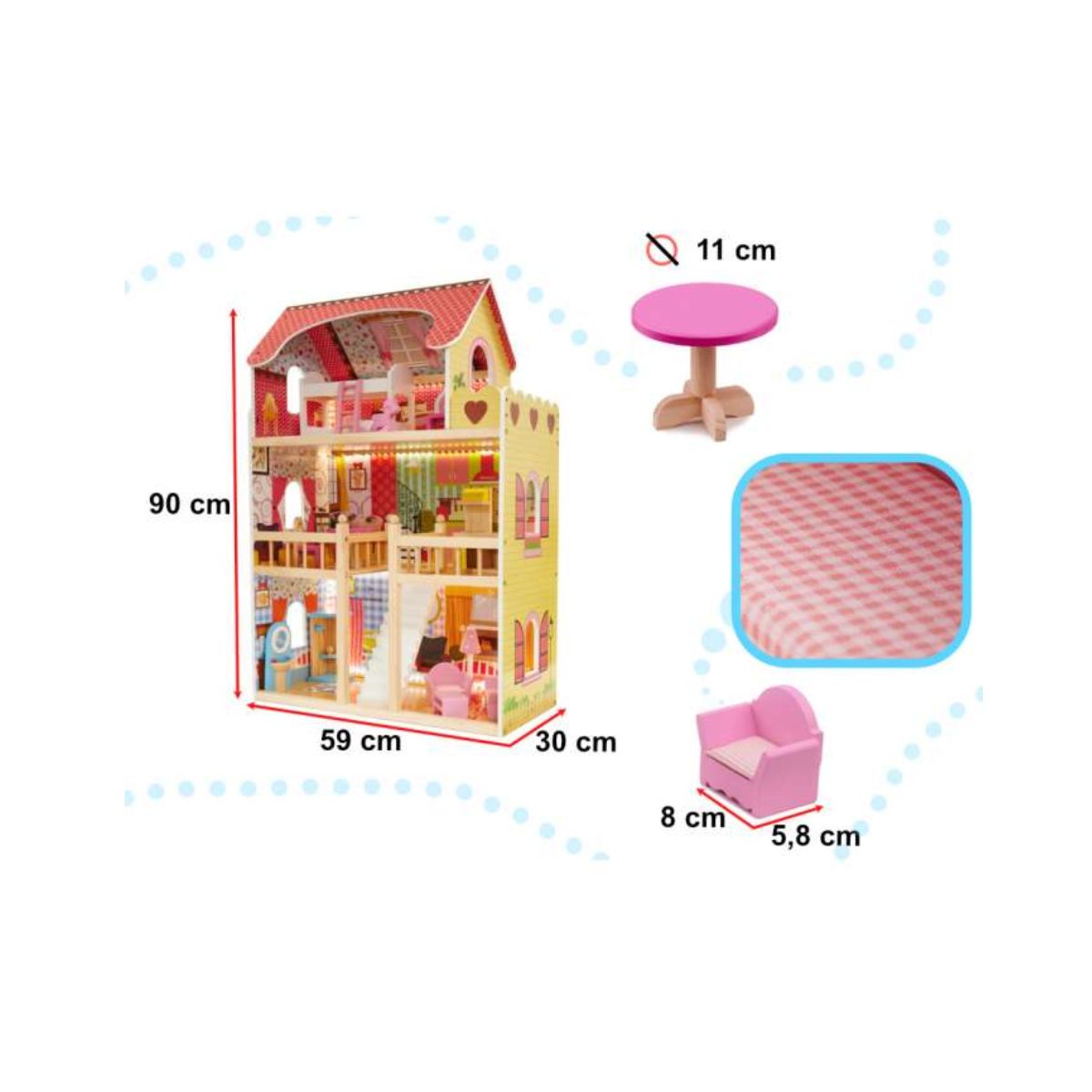 Casa de papusi din lemn cu mobila roz cu LED, 59 x 30 x 90, 3, hectarul.ro