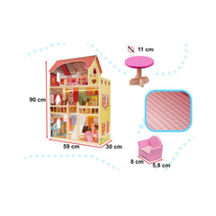 Casa de papusi din lemn cu mobila roz cu LED, 59 x 30 x 90